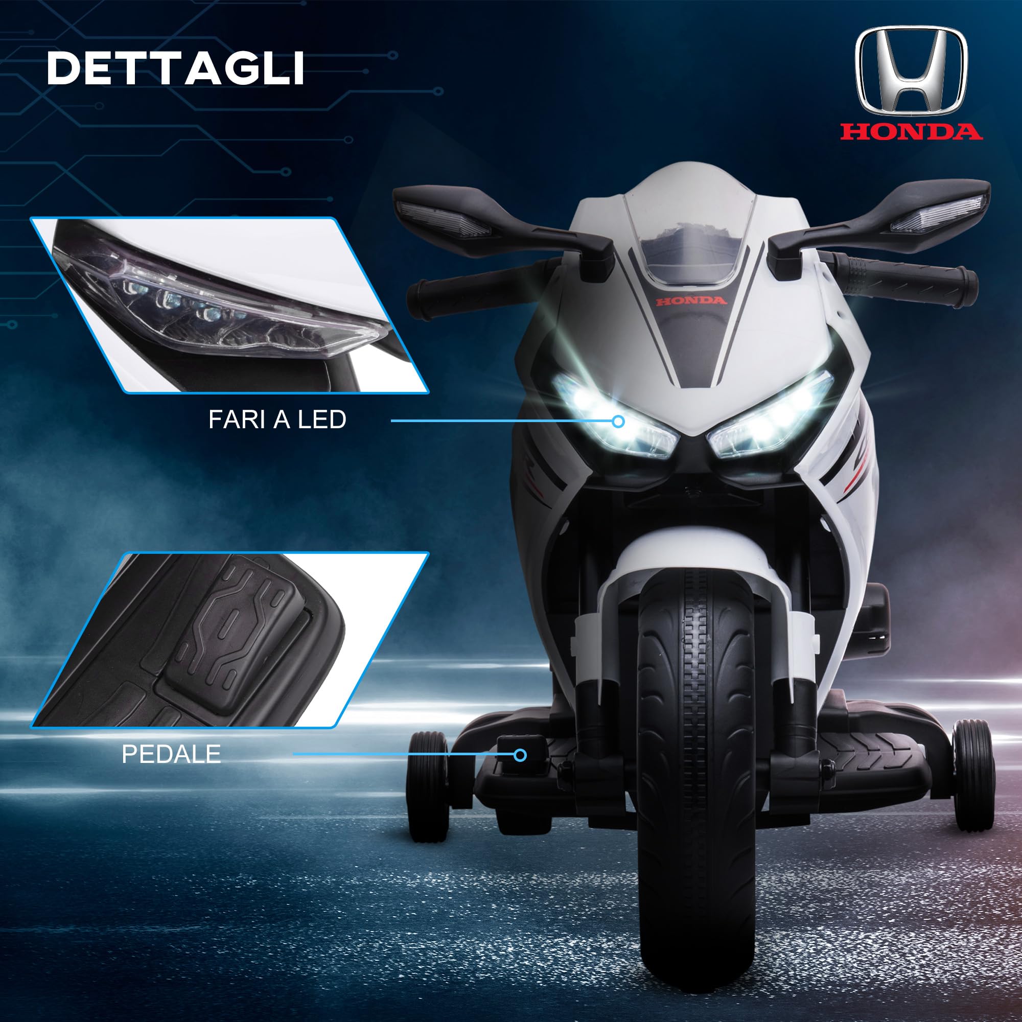 HOMCOM Moto Elettrica per Bambini con Licenza HONDA, Moto per Bambini Elettrica con Batteria 6V Ricaricabile, Velocità 3 km/h, Musica e Rotelle, Bianco