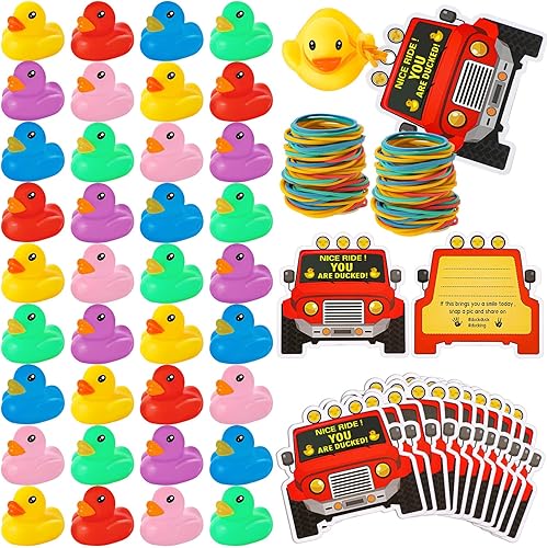 Juego de 248 etiquetas con forma de pato, incluye 48 juguetes de baño de pato de goma chirriante, 100 etiquetas de tarjetas de patito, 100 bandas de