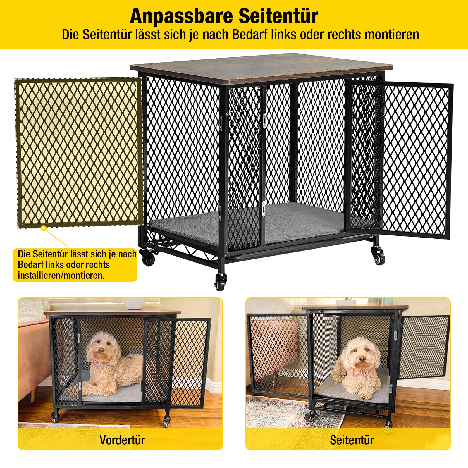Aivituvin Hundekäfig Möbel, große Bewegliche hundebox für zuhause, Indoor Hundekennel für kleine, mittlere und große Hunde, Holzhundehaus mit Kissen, Ablagetrog und Drahtboden (schwarz, XL)