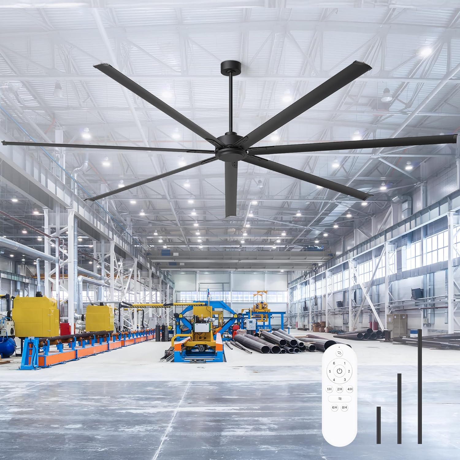 120 Inch HVLS Industrial Ceiling Fans, Extra Large 10 ft Ceiling Fan with 7 Aluminum Blades, 6-Speed Quiet DC Motor, 3 Downrods, Commercial Ceiling Fan for Shop/Warehouse/Garage (Black)