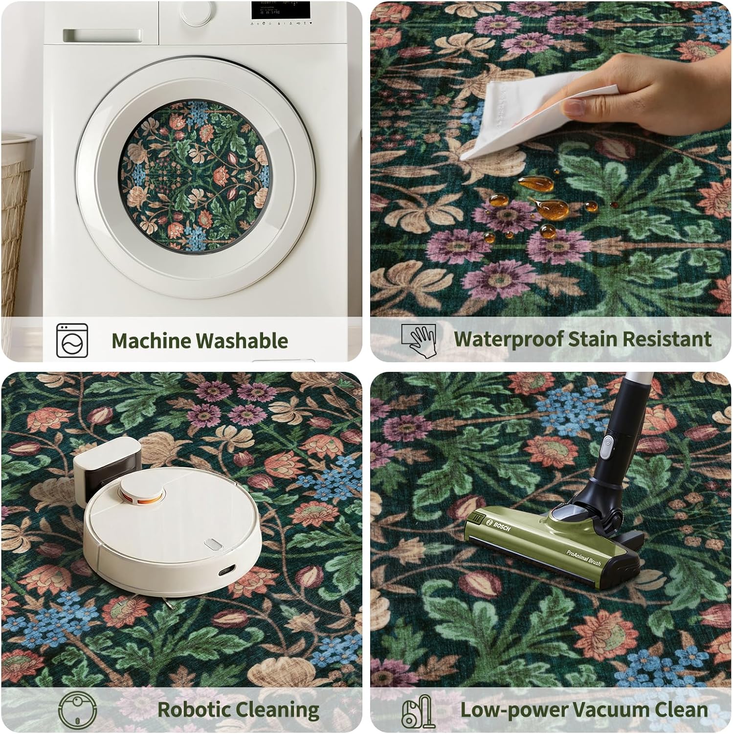 Ciicool Washable Area Rugs 4x6 for Bedroom Living Room Rug Hallway Entryway Playroom Laundry Office Home Boho Soft Low Pile Carpet Green Non-Slip Floral Green Carpets