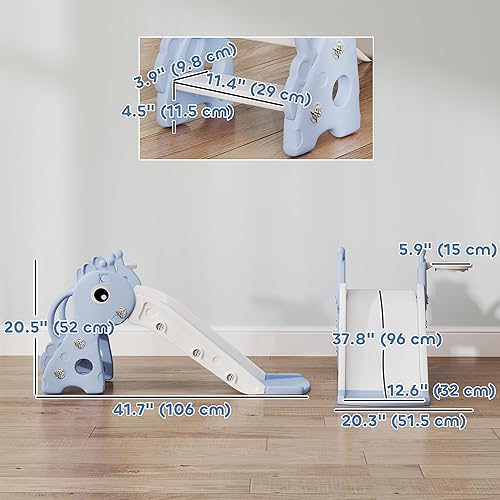 Miniatura 7 de Qaba Tobogán para niños pequeños con escalador, aro de baloncesto y pelota, tobogán infantil para interiores con diseño de jirafa, equipo de juegos
