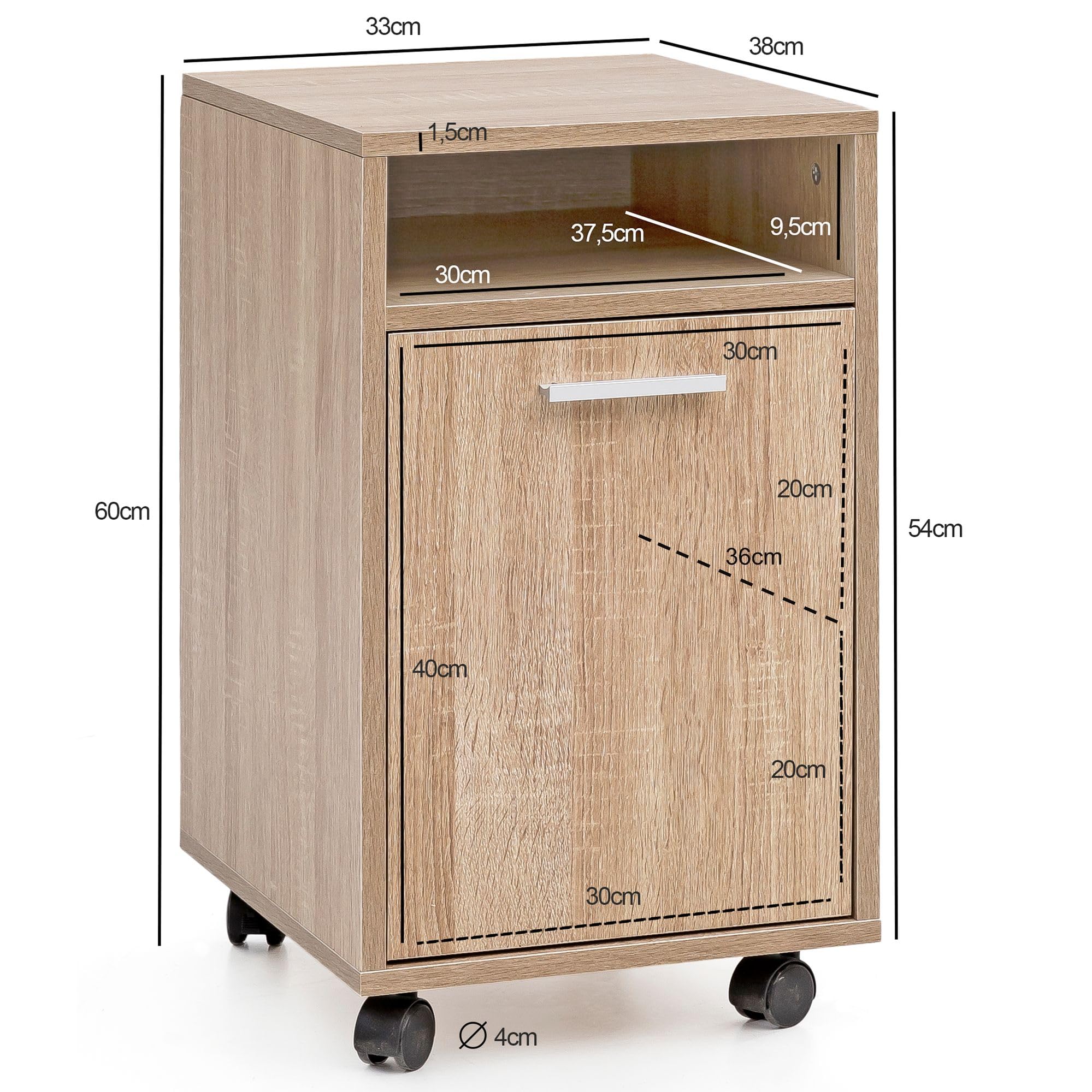 FineBuy Caisson de Bureau 33x60x38 cm Placard de Rangement Mobile Sonoma | Armoire de Rangement Petite avec Porte | Meuble de Bureau a Roulette