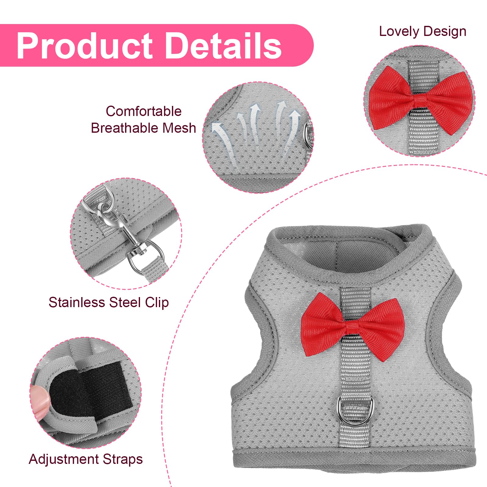 Harnais souple réglable avec laisse élastique pour lapin furet chaton chiot petits animaux gris