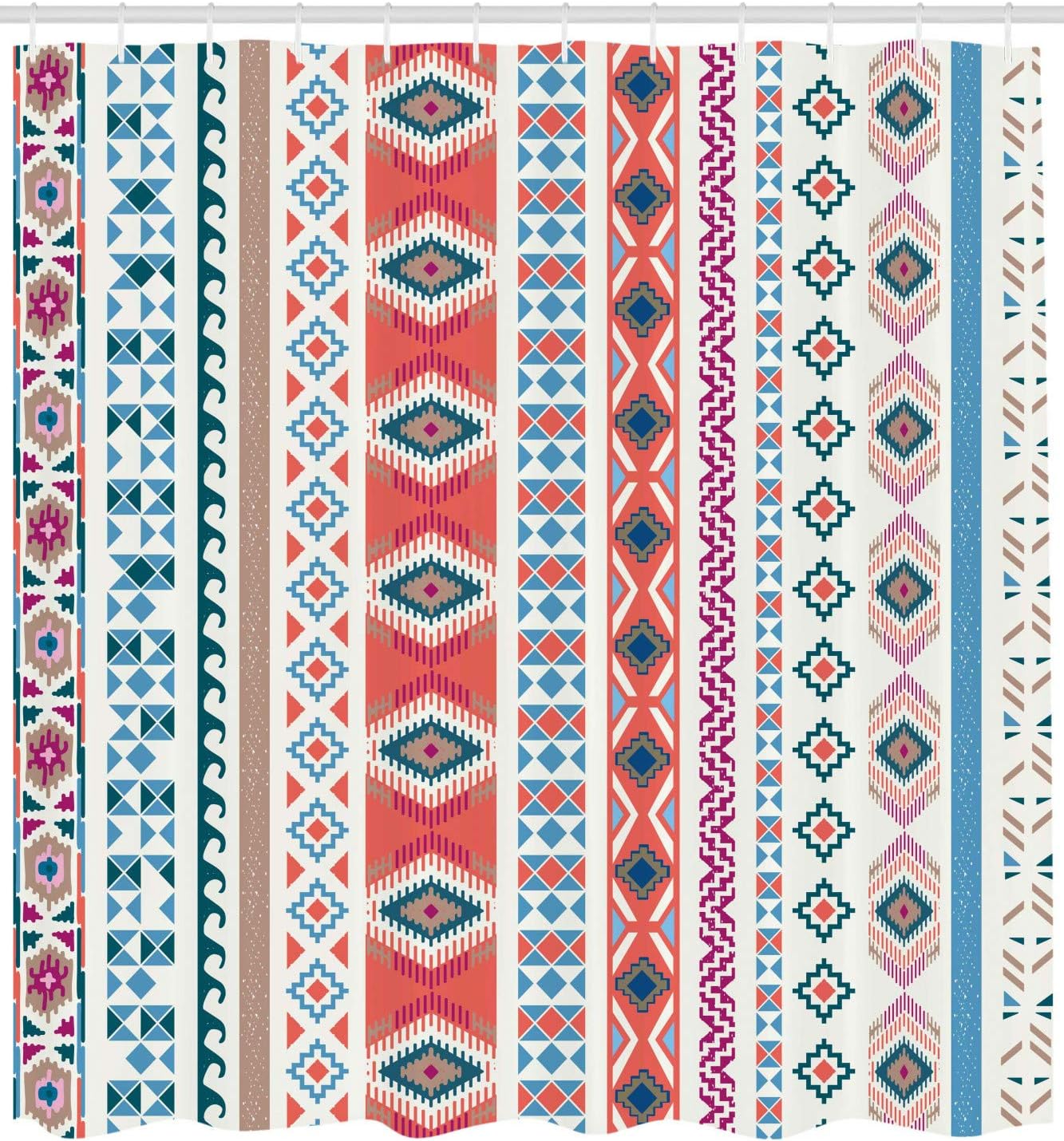Ambesonne Tribal Shower Curtain, Geometric Motifs Pattern Vertical Striped Background Design, Cloth Fabric Bathroom Decor Set with Hooks, 69" W x 70" L, Multicolor Coral Off White