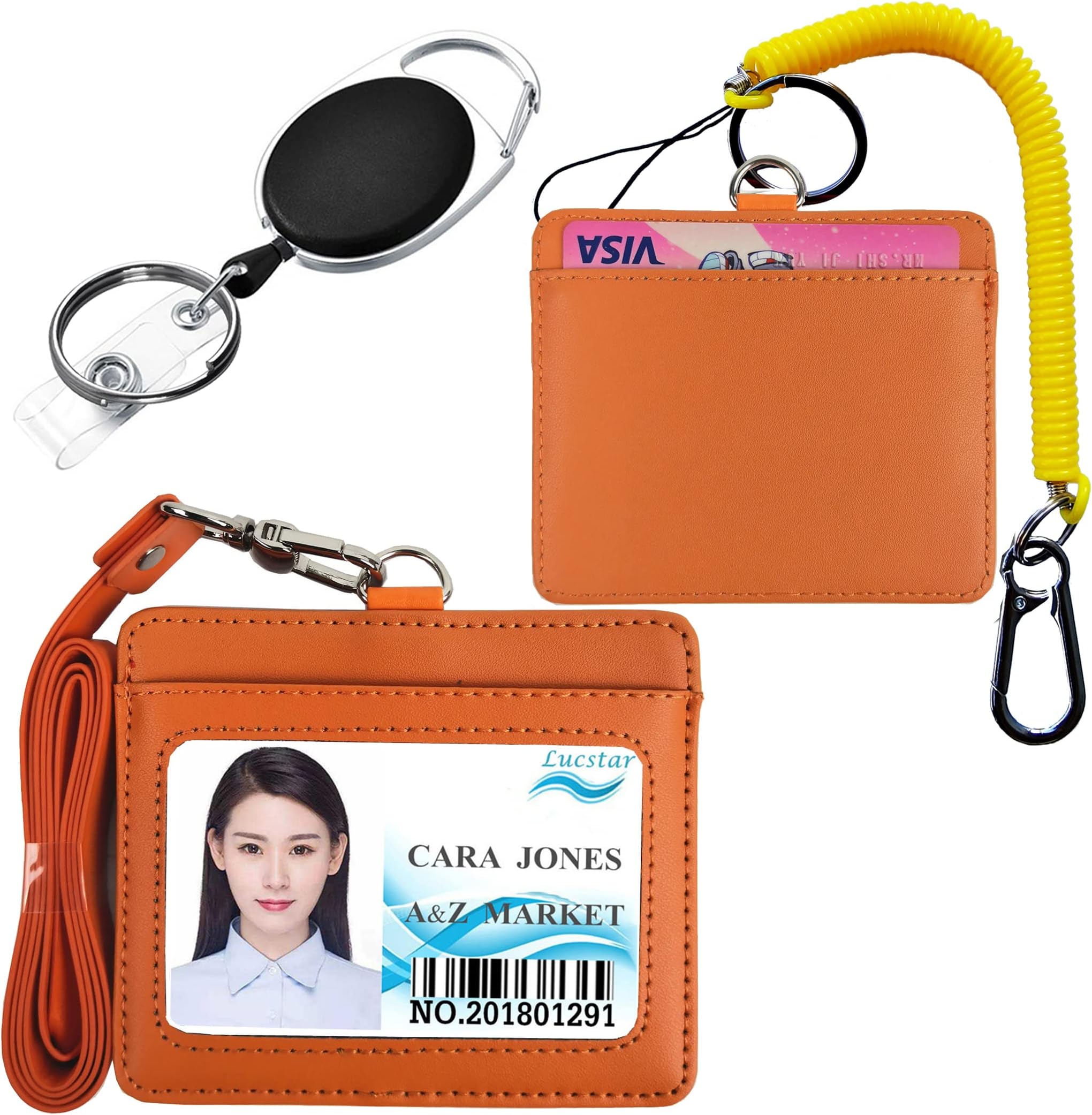 Lucstar Work ID Badge Holder with Retractable Reel Clip Lanyard, Genuine Leather Credit Card Holder Wallet for Cellphone Back Horizontal for Women Men Students Nurse Office ID Tag Gift(B Orange)