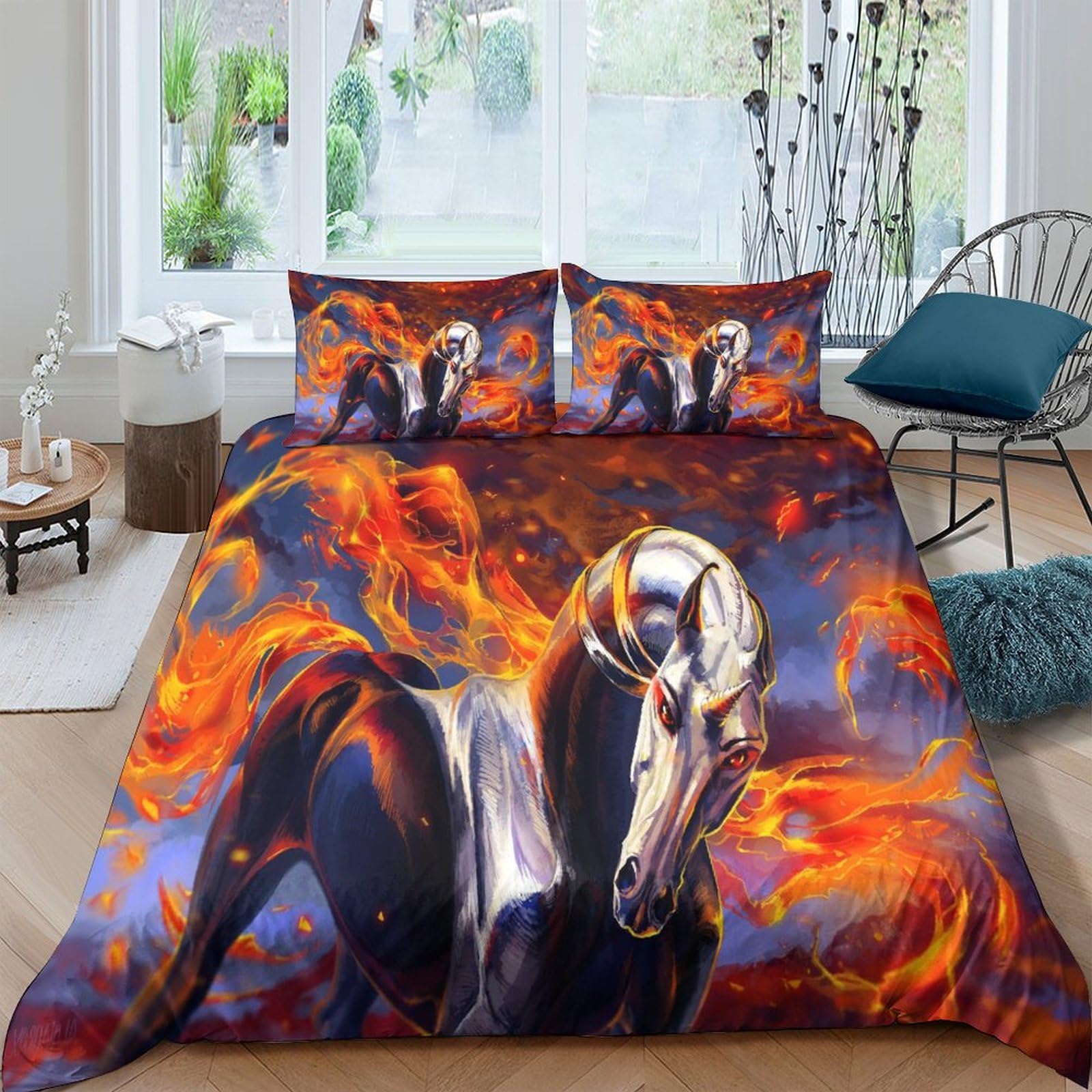 Housse de couette cheval de flamme 3D parure de lit double 200x200