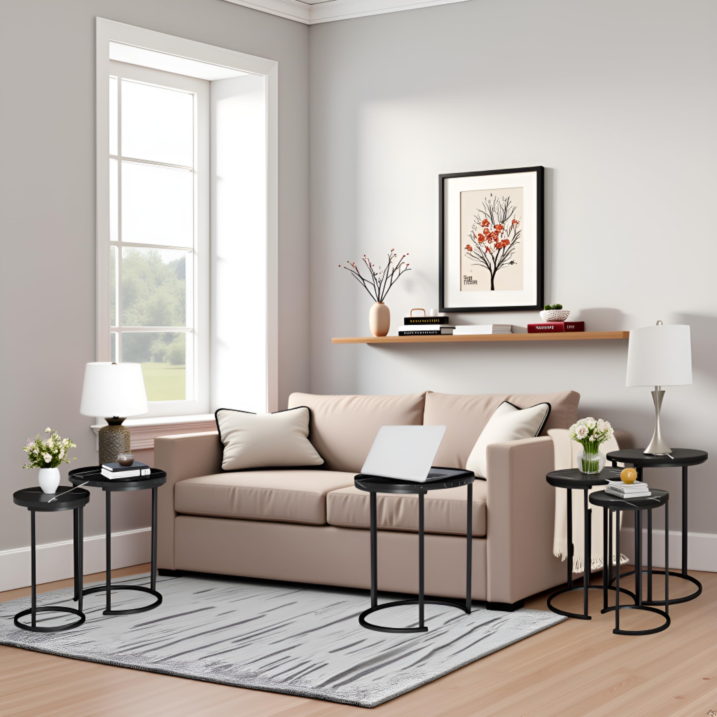 Lavish Home 6-Piece Nesting Table Set – Round Faux Marble Side & End Tables – Modern Space-Saving Accent Furniture for Living Room, Bedroom, Apartment, or Home Office (Black)