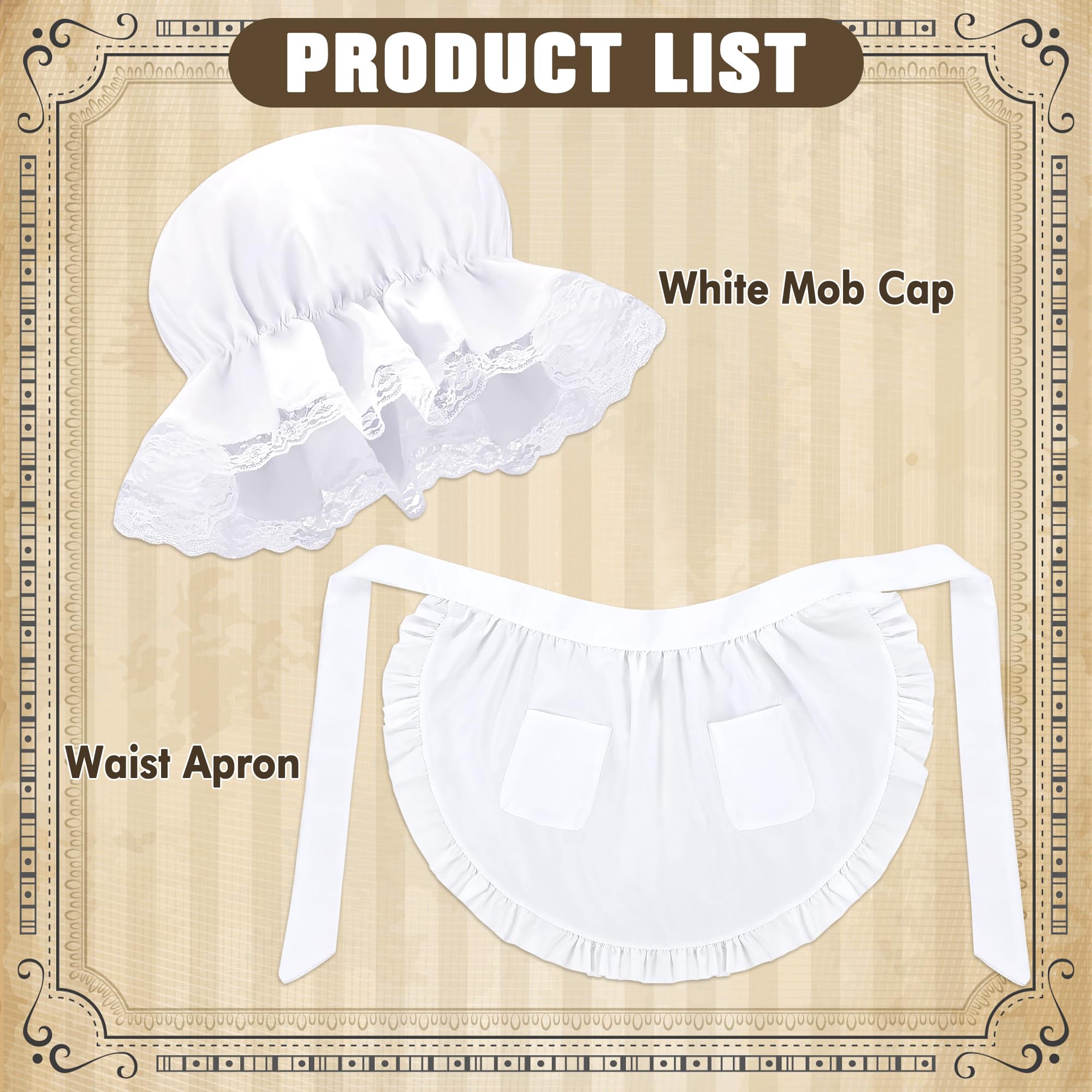 Horolam Colonial Set for Women Victorian Mop Hat with Lace Trim Ruffle Waist Apron for Maid Girls Women for Halloween Cosplay - Image 3