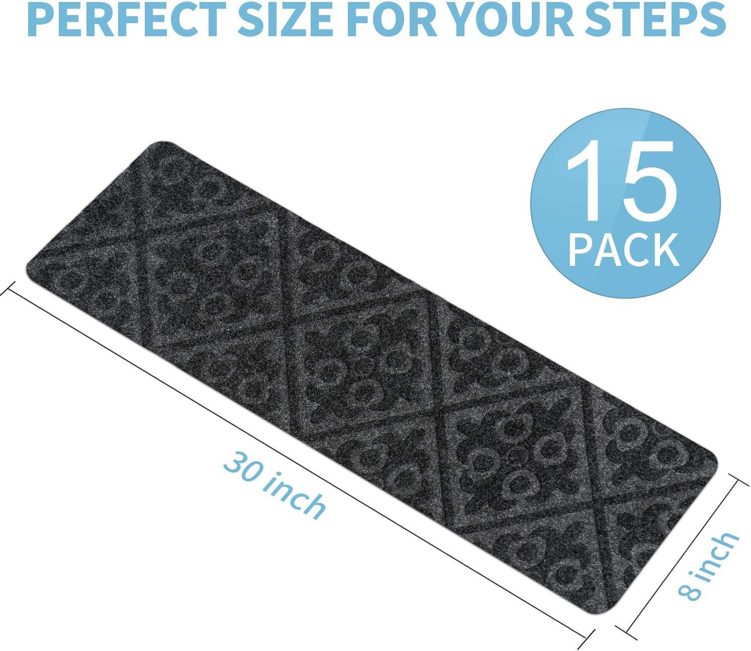 CrystalMX Non-Slip Carpet Stair Treads, Anti Moving Grip and Beauty Rug Tread Safety for Kids Elders and Dogs, 8" X 30" (Charcoal Grey, Set of 15) - - 