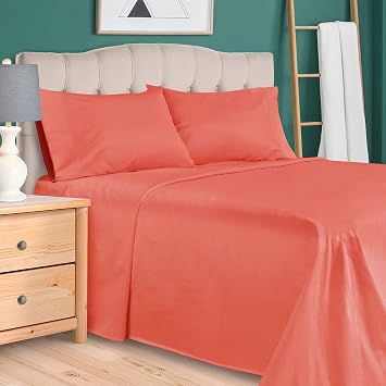 Superior 300 Thread Count 4 Piece Cotton Single Ply Deep Pocket Solid Sheet Set, Queen, Coral