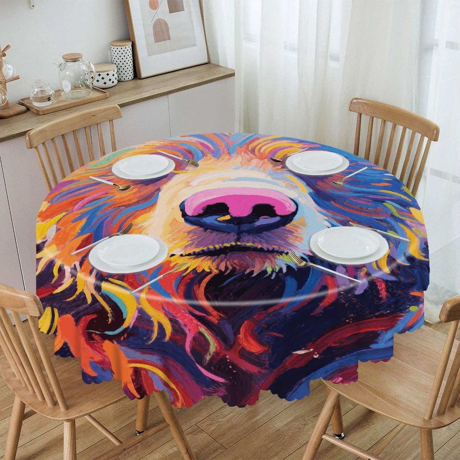 VstaDank Colorful Bear Painting Round Tablecloth Wipeable Round Polyester Tablecloth Waterproof Wrinkle Free Indoor and Outdoor Table Cover 60 Inch Decorative Farmhouse Table Cloth for Dining