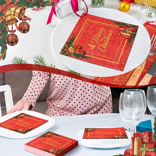 Miniatura 7 de 200 servilletas de papel de Navidad, servilletas desechables rojas y doradas para fiestas de Navidad, cenas de vacaciones y decoración de postres