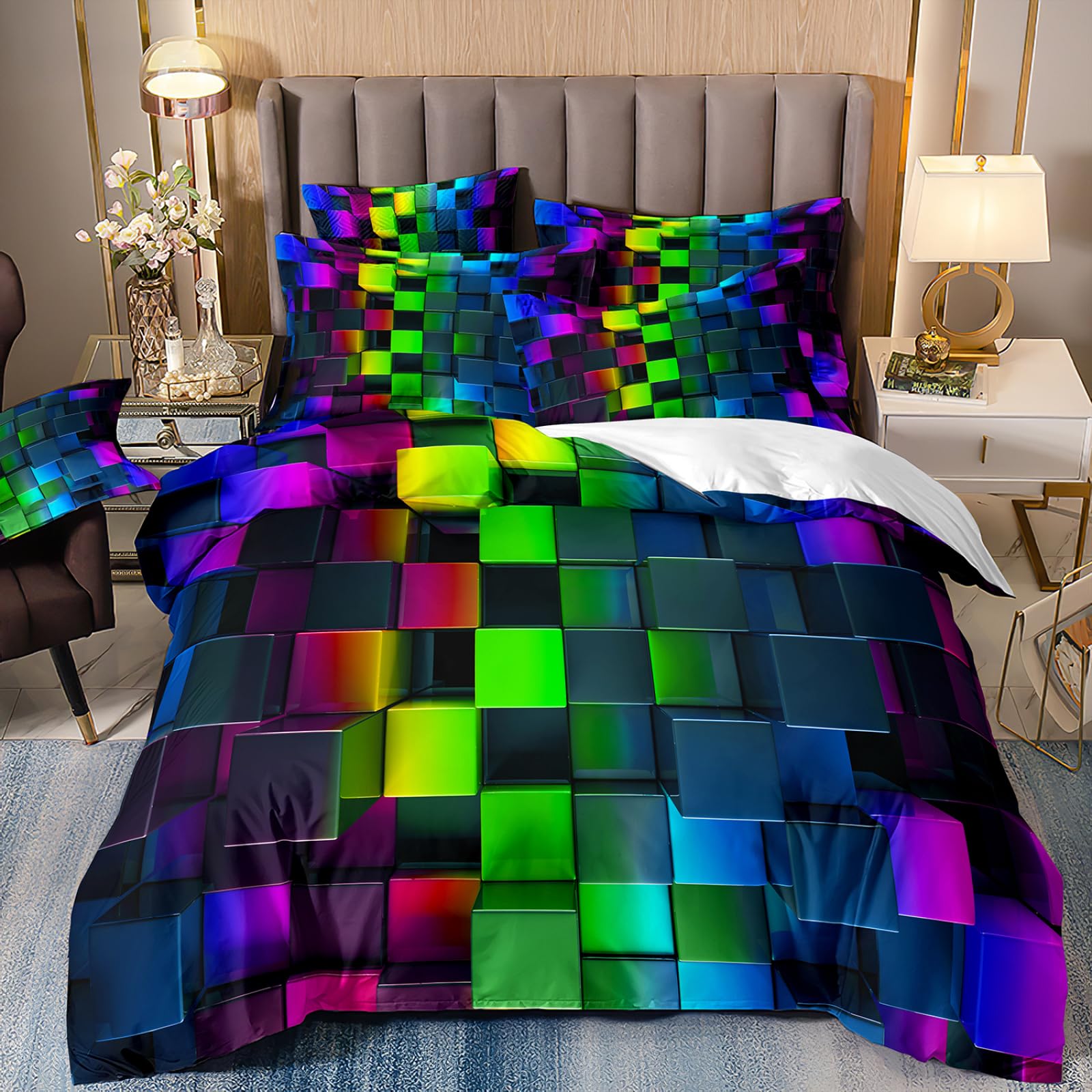 Dwetcxo Single Duvet Cover Set Colorful Geometry Single Bed Duvet Cover Set Soft Microfiber Breathable Bedding Durable Single Bedding Sets with Zipper Closure+2 Pillowcases 50x75cm 140x200cm
