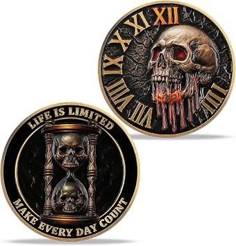 Imasoner Memento Mori Coin, Stoic Skull Pocket Token | Hourglass Design with "Life Is Limited, Make Every Day Count" Quote, Inspirational Philosophy Gift for Men & Women