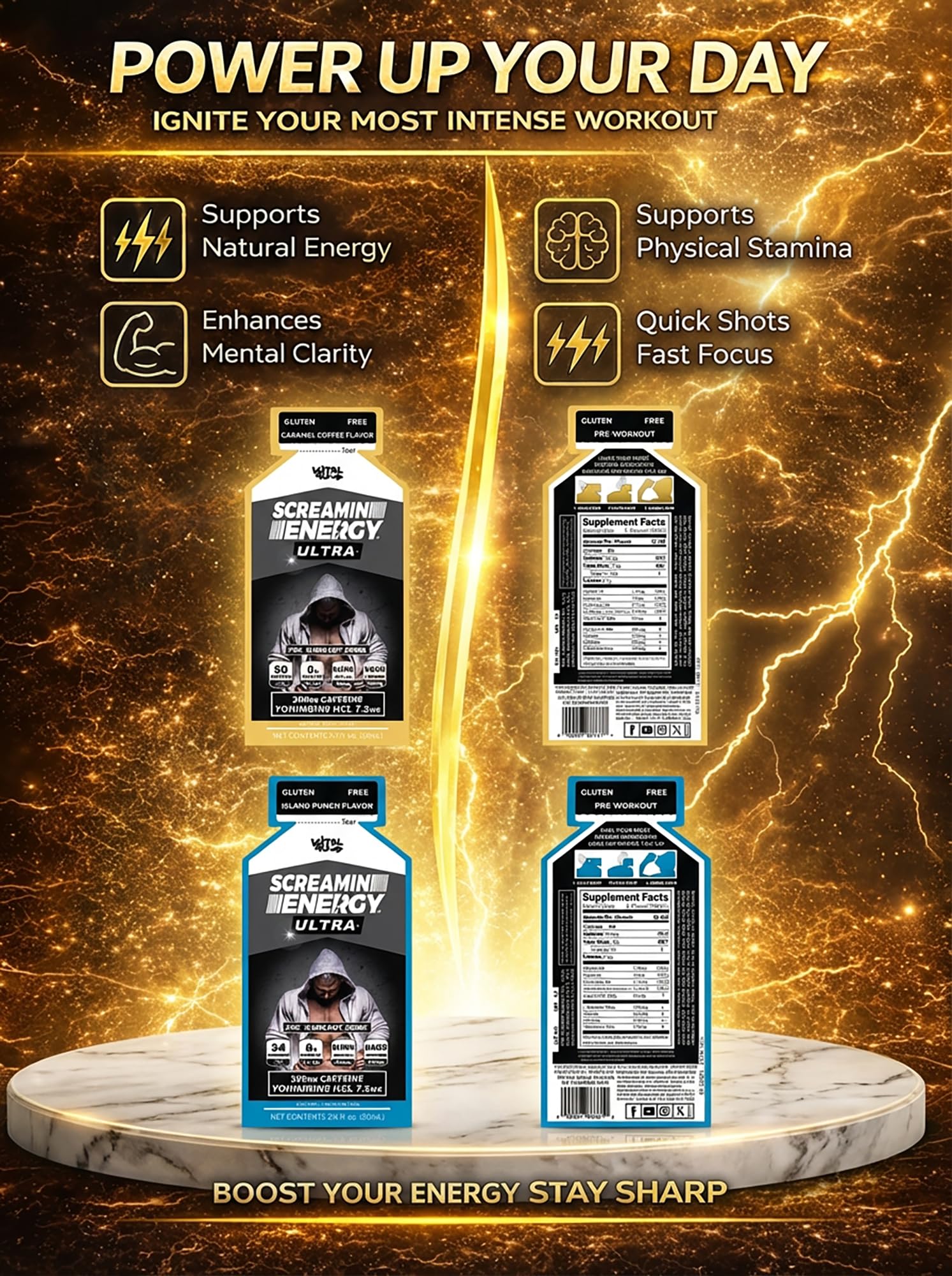 Screamin Energy Ultra Sample Pack, 6 Energy Shot Pouches | Caramel Mocha and Island Punch Flavors | Caffeine with Panax Ginseng and B Vitamins — Amazon image 3