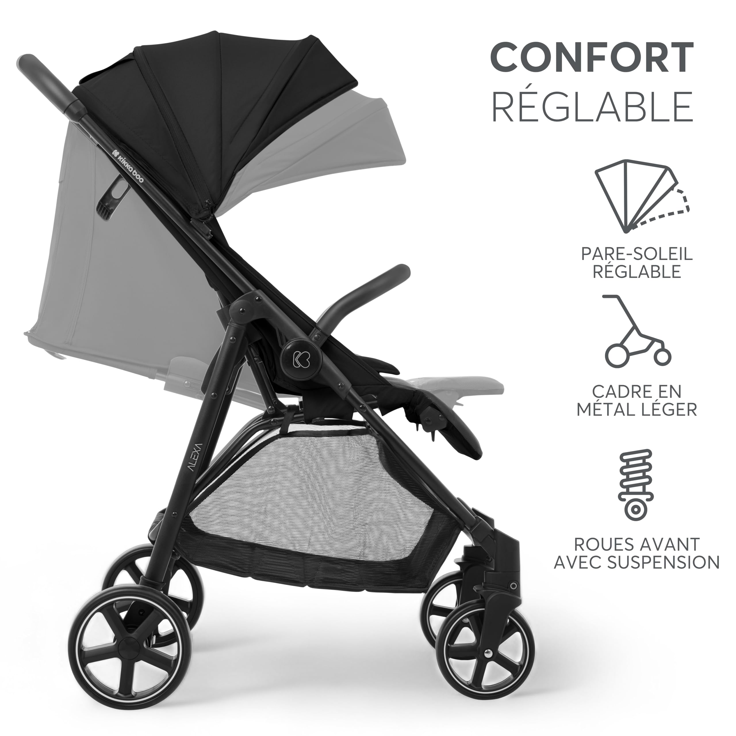Poussette KikkaBoo ALEXA, poussette bébé jusqu'à 22 kg, légère, compacte, pliable d'une seule main, dossier inclinable, repose-pieds réglable, harnais à 5 points, Noir