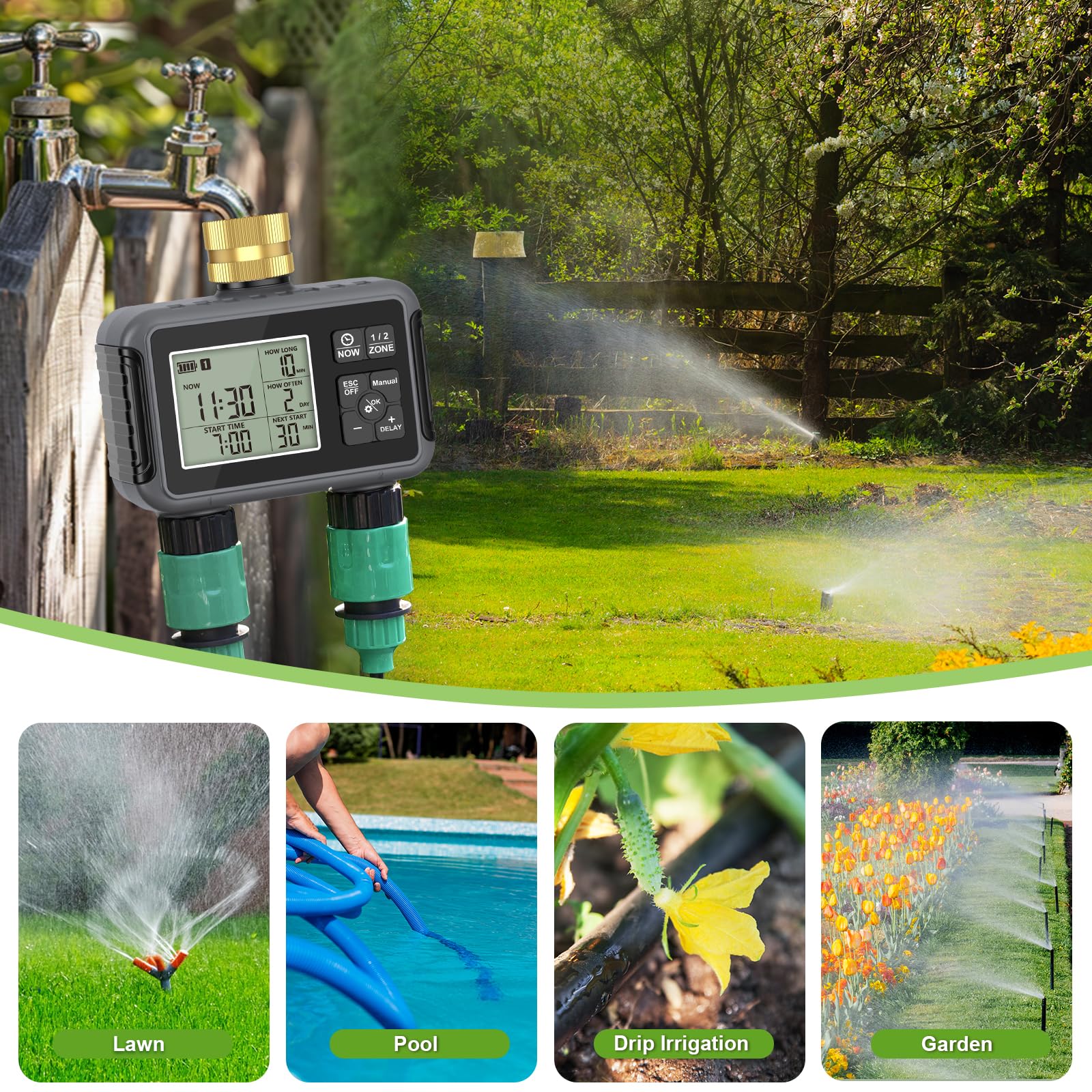 RIOGOO Temporizadores de Grifo para Manguera de jardín Exterior, Temporizador programable para aspersores con retardo por Lluvia (2 Outlet Water Timer)