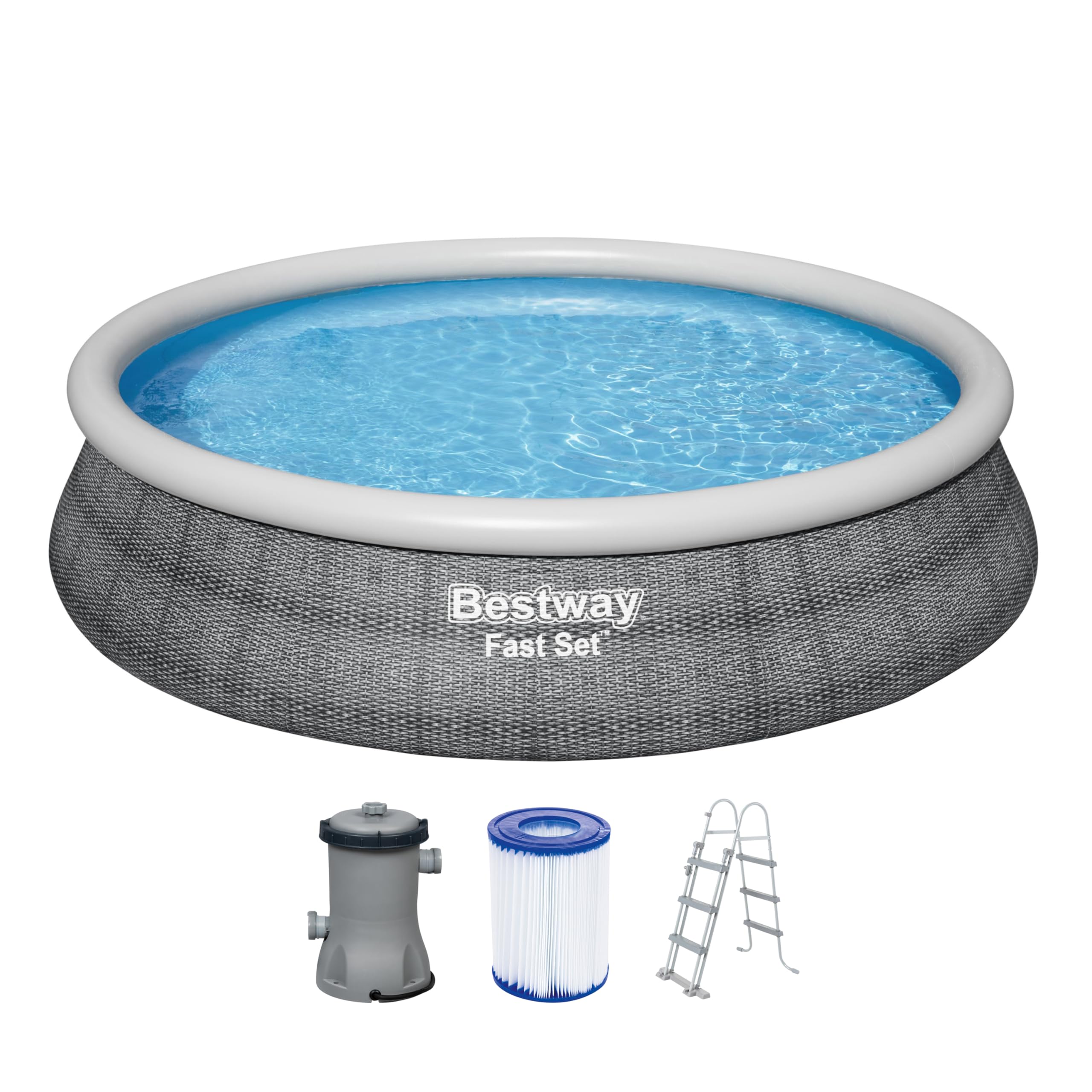 Bestway Fast Set Pool - Rund, Graue Rattan-Optik, Komplettes Pool-Set mit Filterpumpe, Garten- und Urlaubsvergnügen, 457