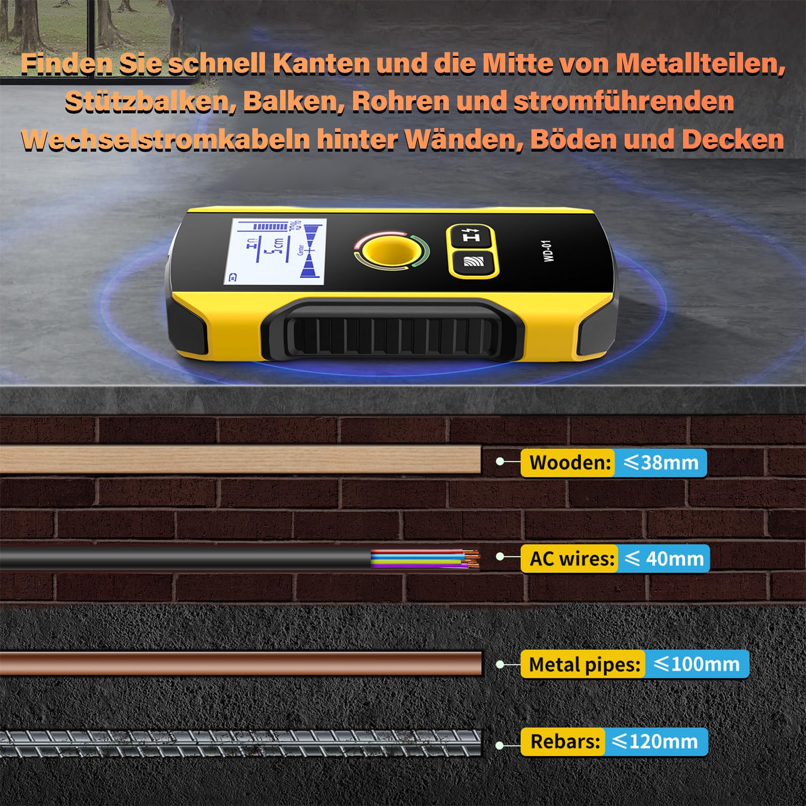 WD-01 6-in-1 Wandscanner Ortungsgerät, Leitungssuchgerät mit Positionierungsloch, Wandmetalldetektor für Mitte und Kante von Holzständern, Metallteilen, Kabeln, Rohren und Balken, Elektriker-Werkzeug
