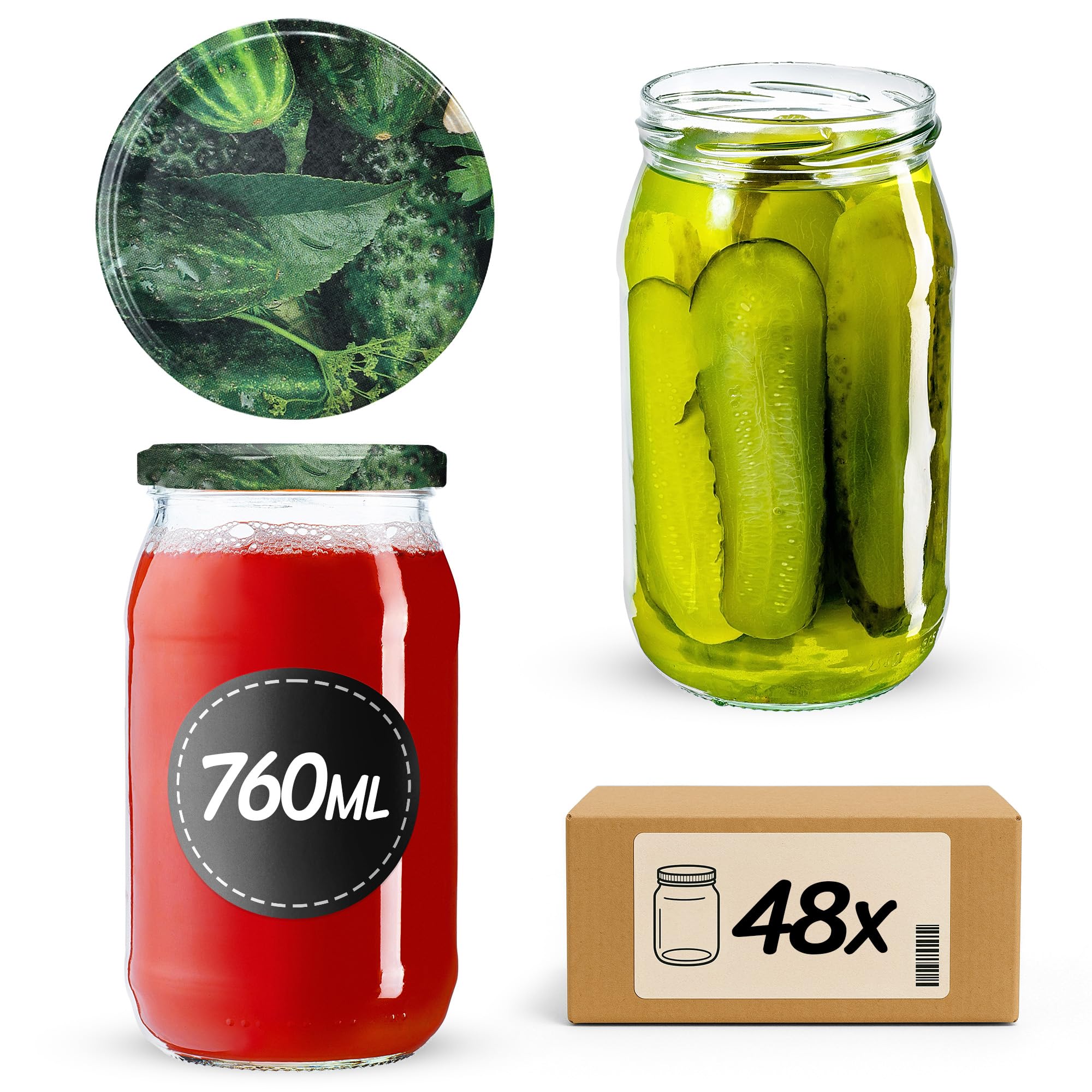 KADAX 48 słoików na przetwory, 760 ml, z zakrętkami fi82 mm, do wkładania, konserwowania i przygotowywania posiłków – hermetyczne słoiki Twist-off (ogórki, 48 szt.)