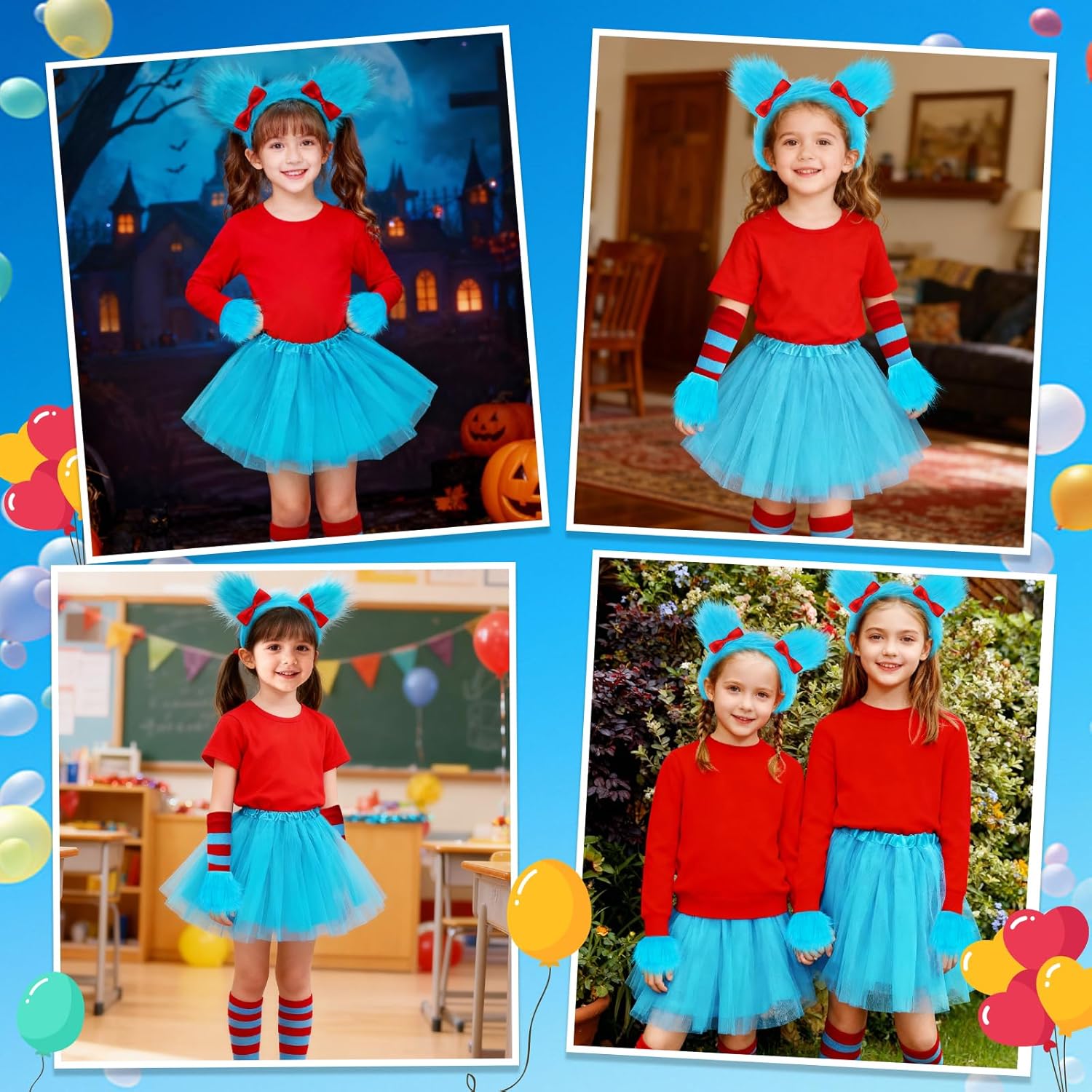 5 Pcs Girls Halloween Costumes Set,Blue Tutu Skirt/Fluffy Headband/Plush Wrist Cuffs/Striped Socks/Gloves Dress Up - Image 6