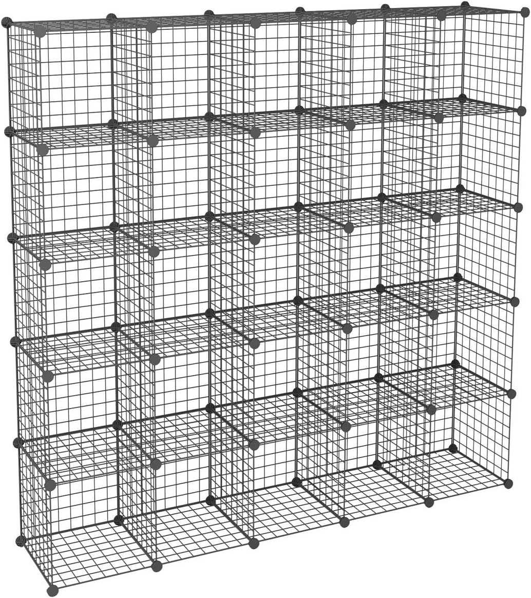 KOUSI DIY Wire Cube Storage, Modular Metal Shelf, Cubby Shelving, Stackable Grid Organizer, 25 Cube, Black