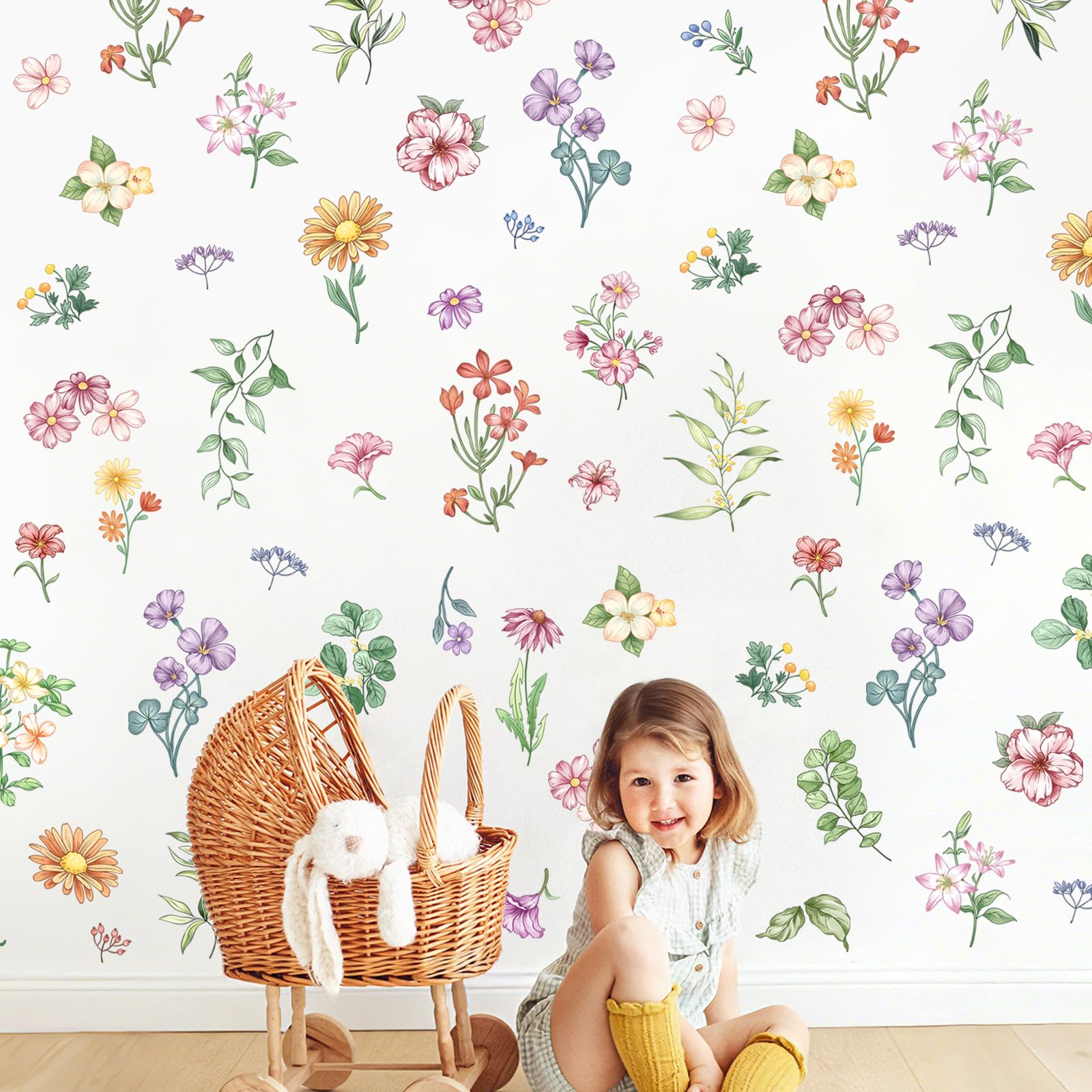 Supzone 60 Pcs Boho Flower Wall Stickers Large Watercolor Wildflower Daisy Floral Butterflies Wall Decals for Girls Bedroom Living Room Home Office Wall Decor
