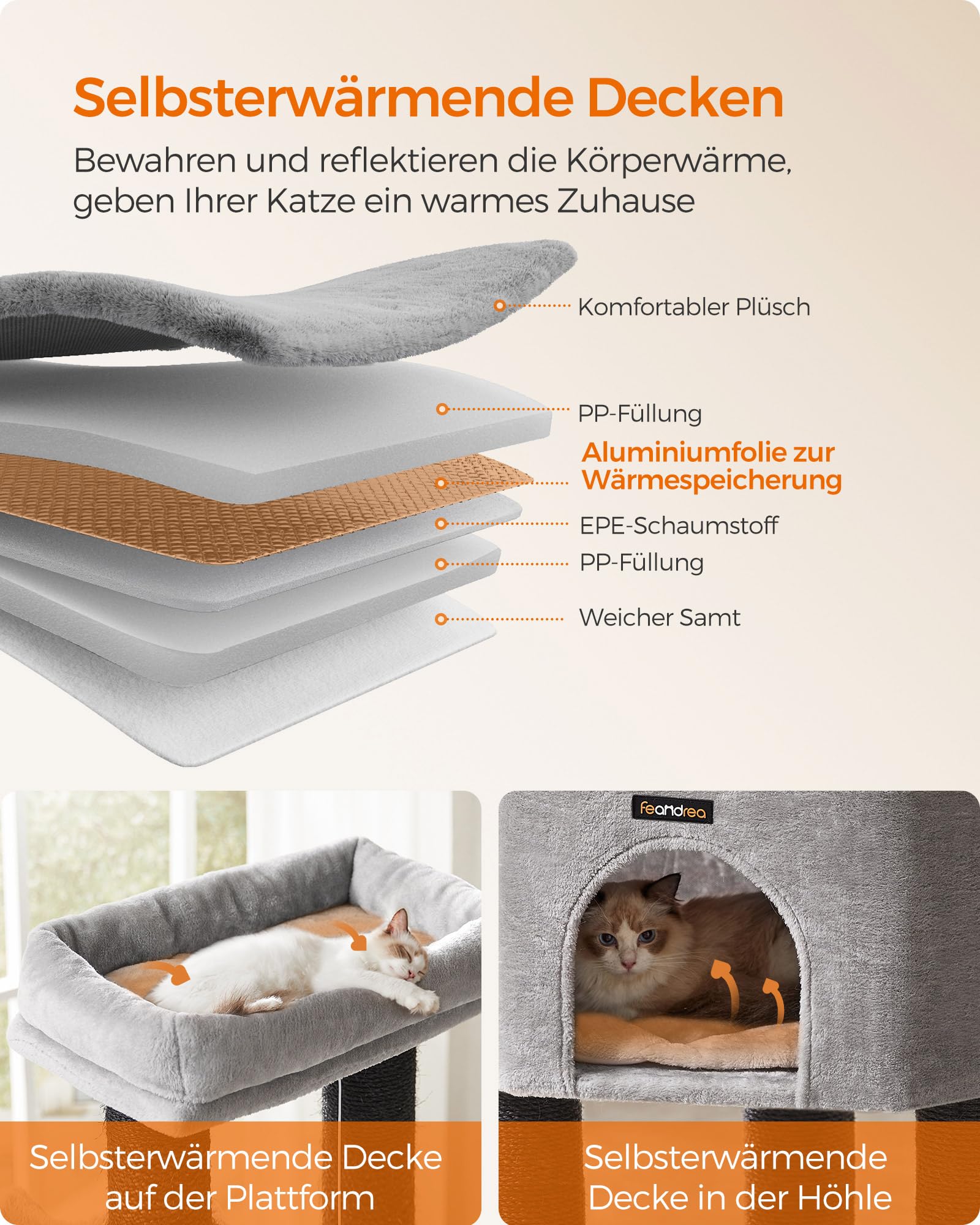 Feandrea Kratzbaum, mit warmen Decken, für große Katze, Katzenbaum, 2 Katzenbürsten, 11,1 cm d Dicke Stämme, große Plattformen, Höhle, 50 x 50 x 160 cm, Taubengrau-schwarz PCT003W01