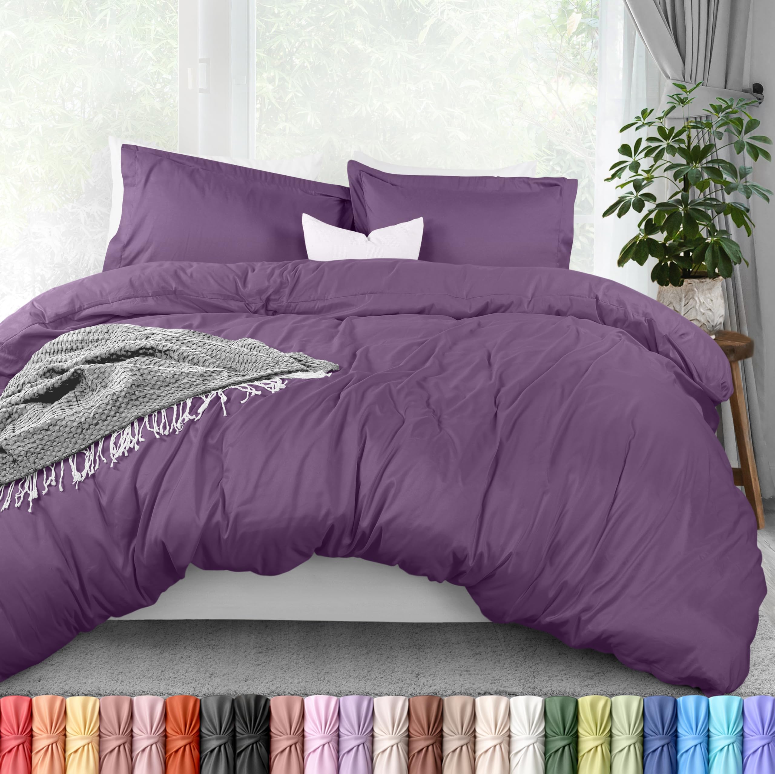 Duvet Cover Full, 3 PC Cotton Like Polyester with Zipper Closure, Eggplant