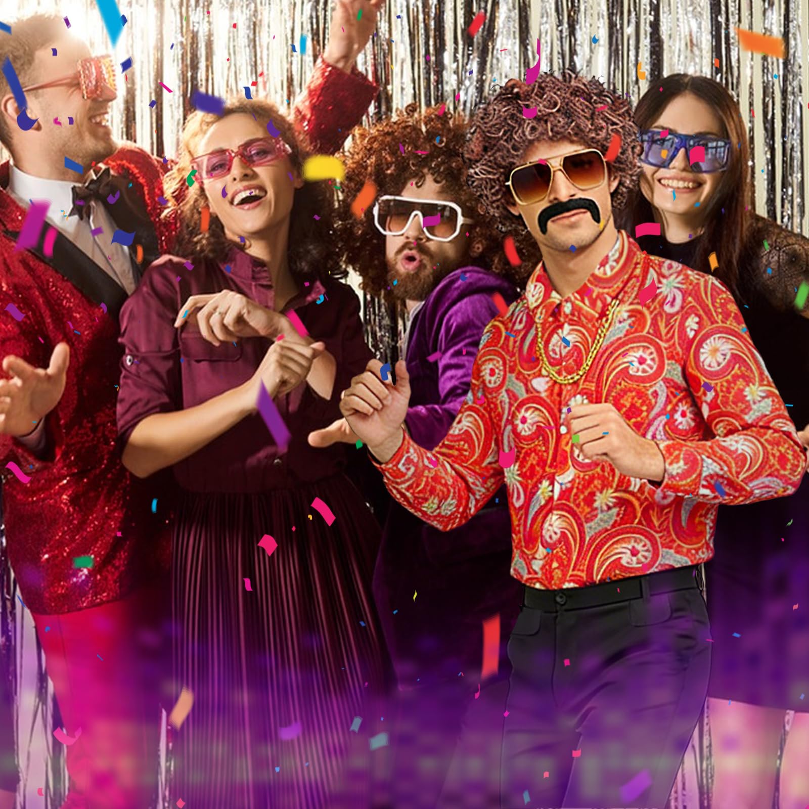Disfraz Años 70 Hombre, Disfraz de Discoteca para Hombre Años 70 con Camisa, Pantalones, Peluca, Gafas, Barba y Cadena de Oro, Disfraces Originales Carnaval