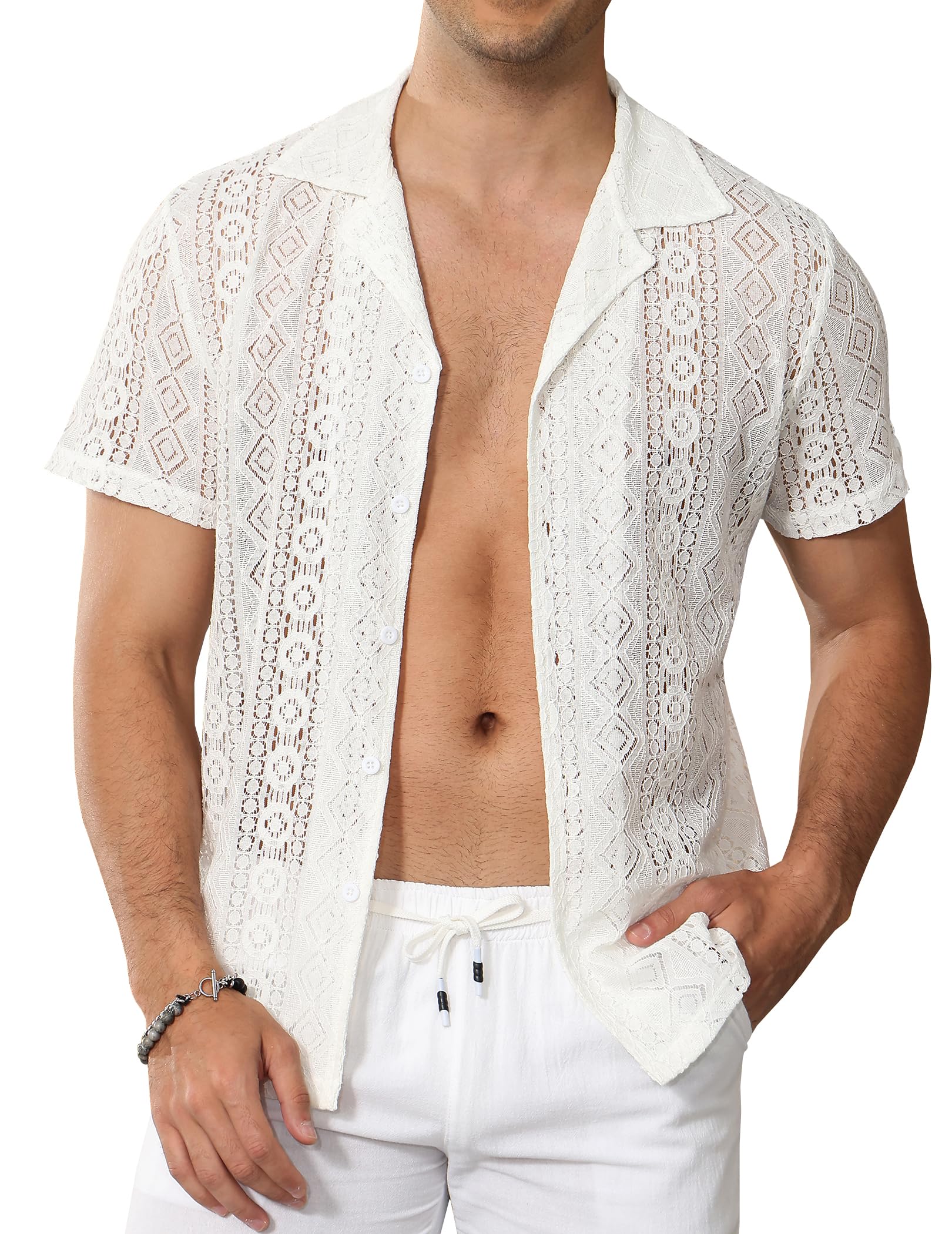 Amazon.com: Csqopt Mens Floral Lace Shirt Hollow Out Sheer See