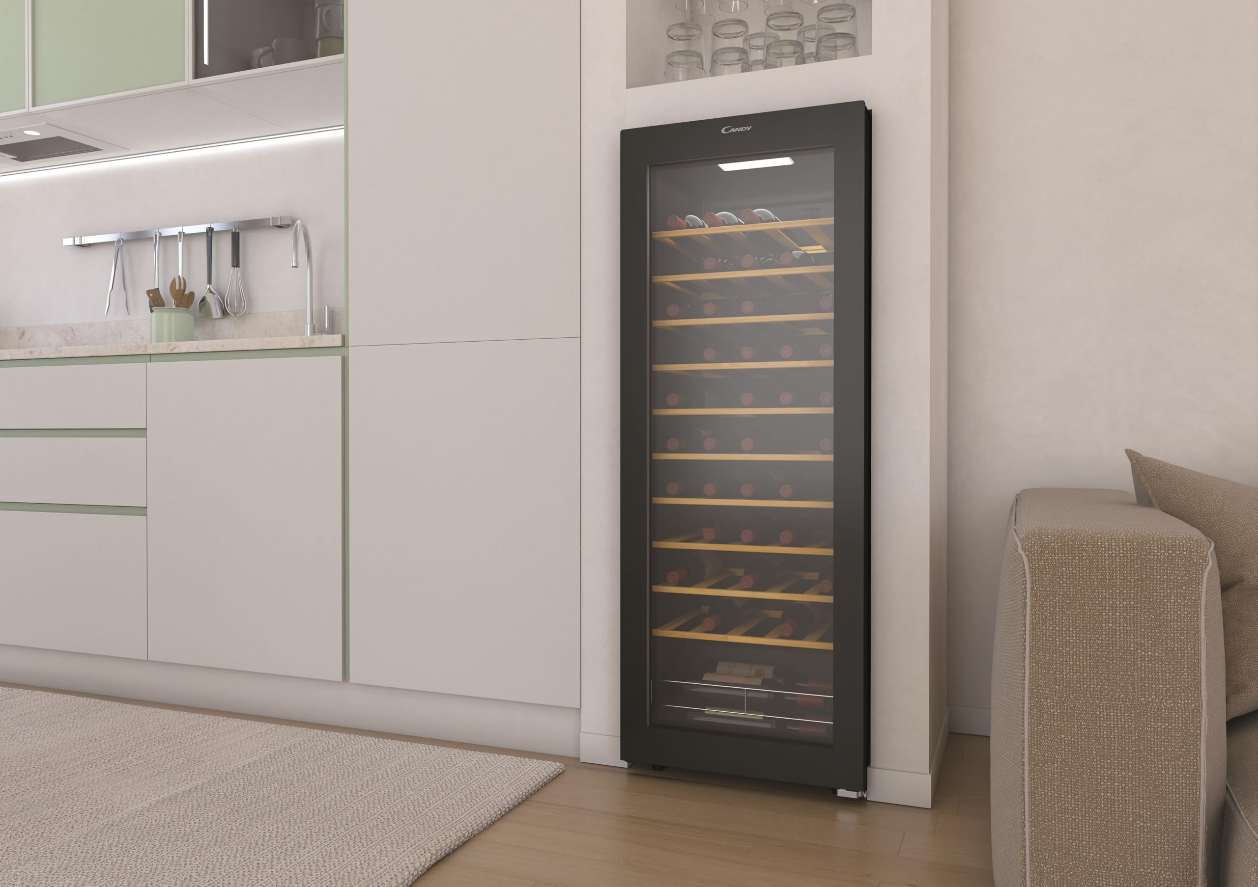Candy DiVino CWC058, Enoteca, 58 bottiglie, WiFi, App hOn, porta reversibile, 10 ripiani, trattamento anti-UV, compressore anti-vibrazione, illuminazione LED, controllo digitale, maniglia integrata,