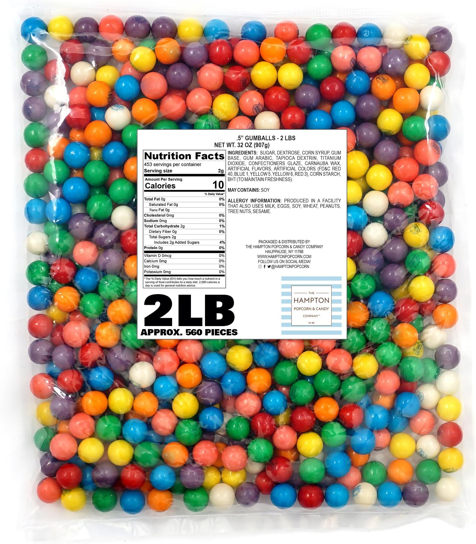 The Hampton Popcorn Company Gumballs for Gumball Machine, 0.5 Inch Mini Gumballs, Approx. 560 Pieces, 2lb Bulk Bag, Dubble Bubble Assorted Fruit Flavored Bubble Gum, Gumball Machine Refills