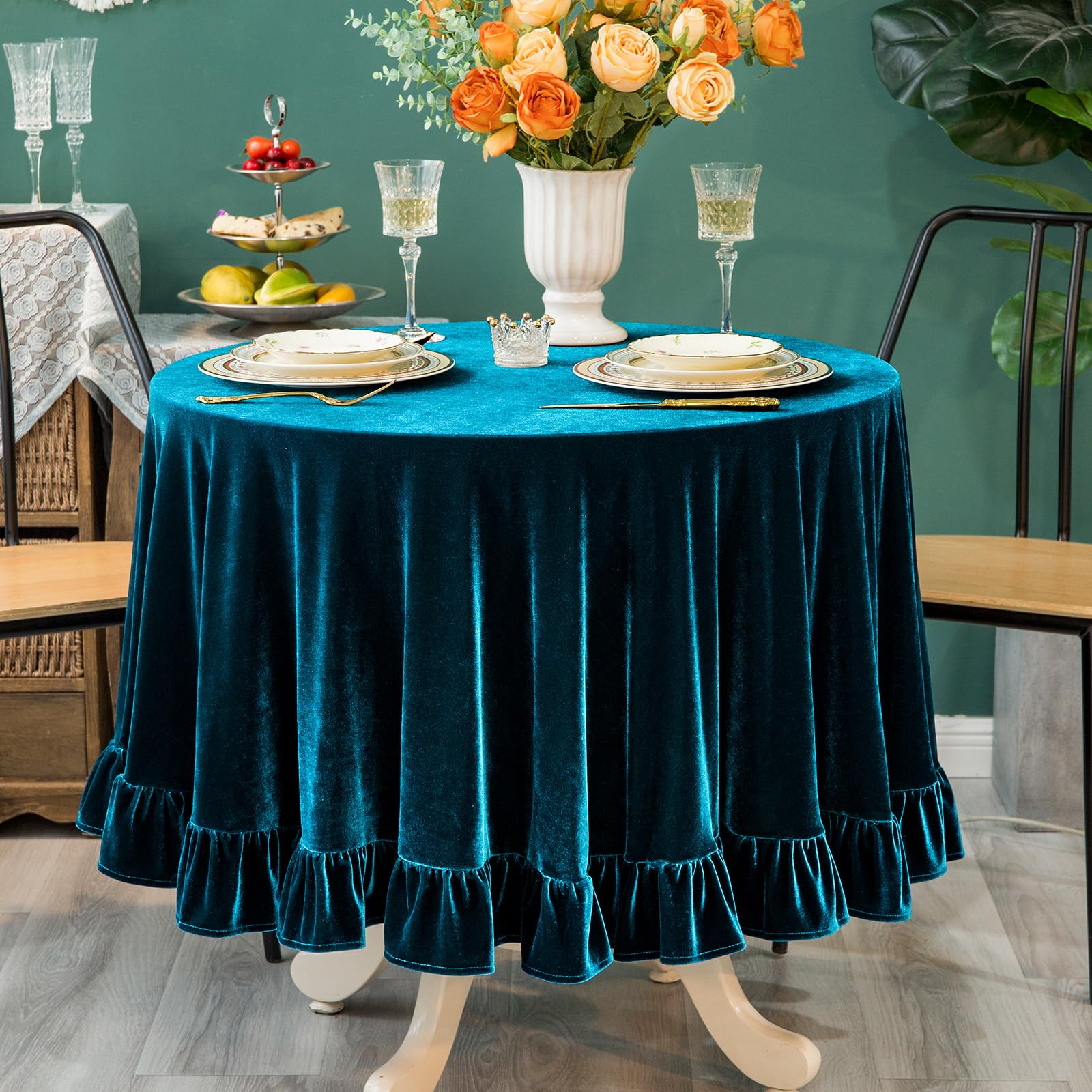 GLORY SEASON Velvet Tablecloth Luxurious Solid Round Table Cloth,Oblong Retro Farmhouse Ruffle Tablecloths Washable Table Cover for Party Wedding Baby Shower Kitchen Dinning Tabletop Decoration