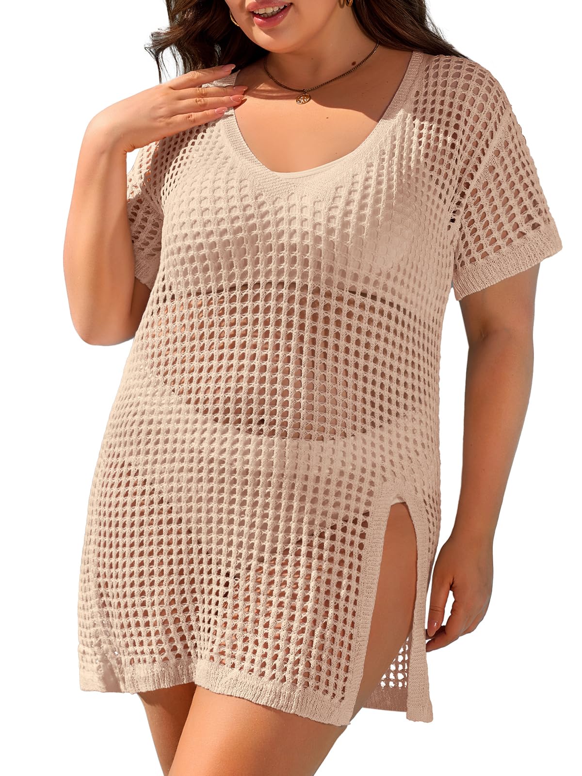 Charmo Plus Size Swimsuit Coverup for Women Side Split Crochet Beach Cover Ups Swimwear Short Sleeve Bathing Suit