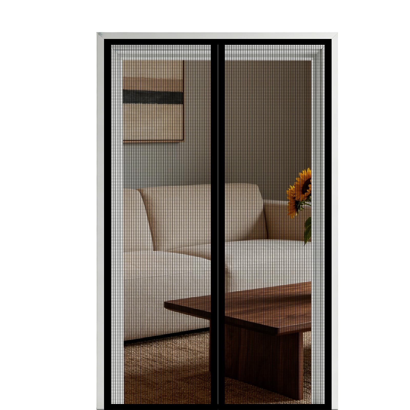 Screen Door 140 x 205 cm Self Sealing Powerful Magnets Heavy Duty Self-Sealing Mesh with Powerful Magnets & Full Frame Magic Tape Suitable for Patio Doors Balcony Bedroom, Black