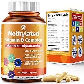 Vitamin B Complex - Methylated B Vitamins for Energy, Brain & Metabolism Support | BioActive B Complex Vitamins for Women & Men with Methyl Folate (5-MTHF) & Methyl B12 - 60 Count