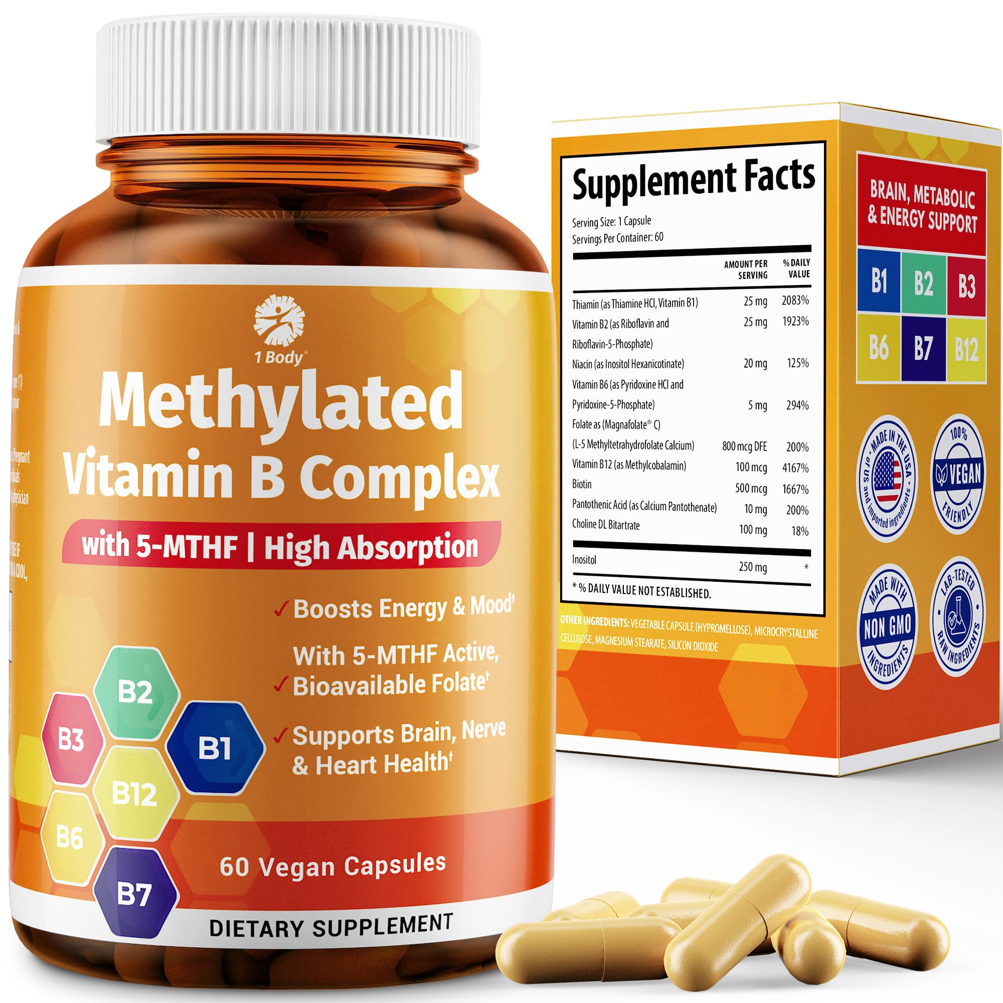 Vitamin B Complex – Methylated B Vitamins for Energy, Brain & Metabolism Support | BioActive B Complex Vitamins for Women & Men with Methyl Folate (5-MTHF) & Methyl B12 – 60 Count