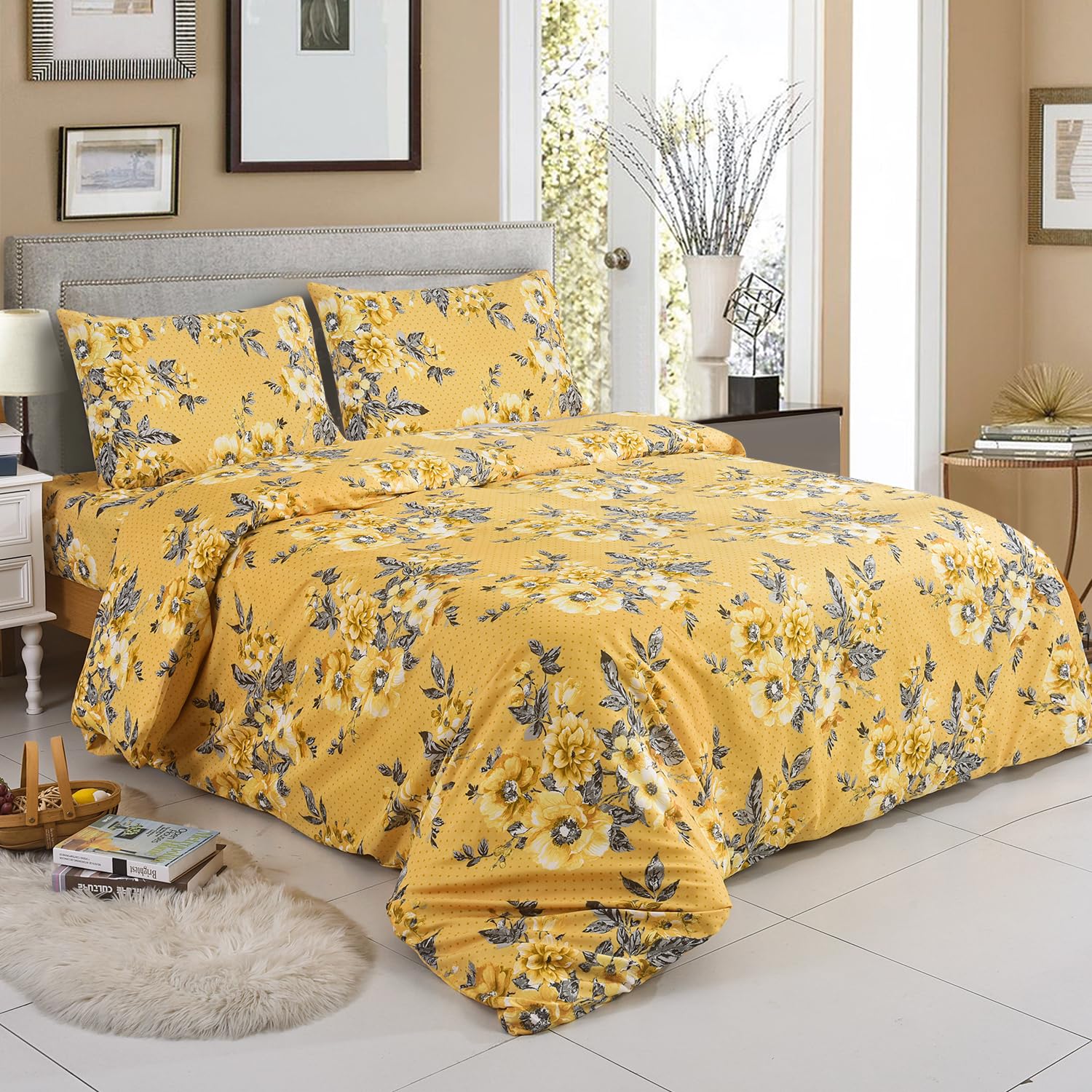 ROOEE 4PCS Complete Printed Bedding Set, 1x Duvet Cover 1x Matching Deep Fitted Sheet and 2x Pillowcase Reversible Microfibre Quilt Cover Bed Set Single Double and King Size (Madrid 120, King)