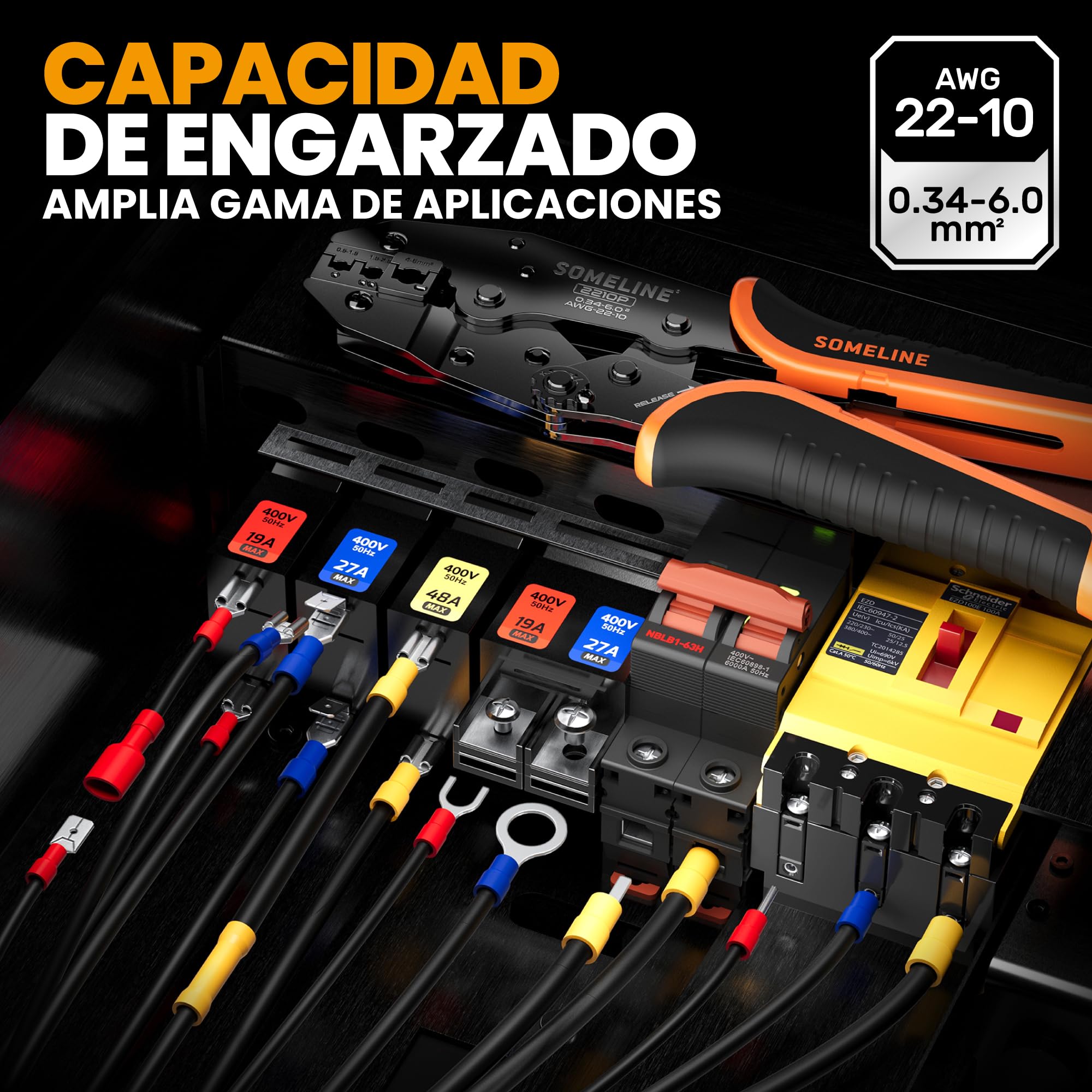 SOMELINE Kit de Crimpadora Terminales Eléctricos, 26 Tipos de Terminales Preaislados, 0,34–6mm² Crimpadora Autoajustable de Trinquete, para Electricista, Automoción y Bricolaje