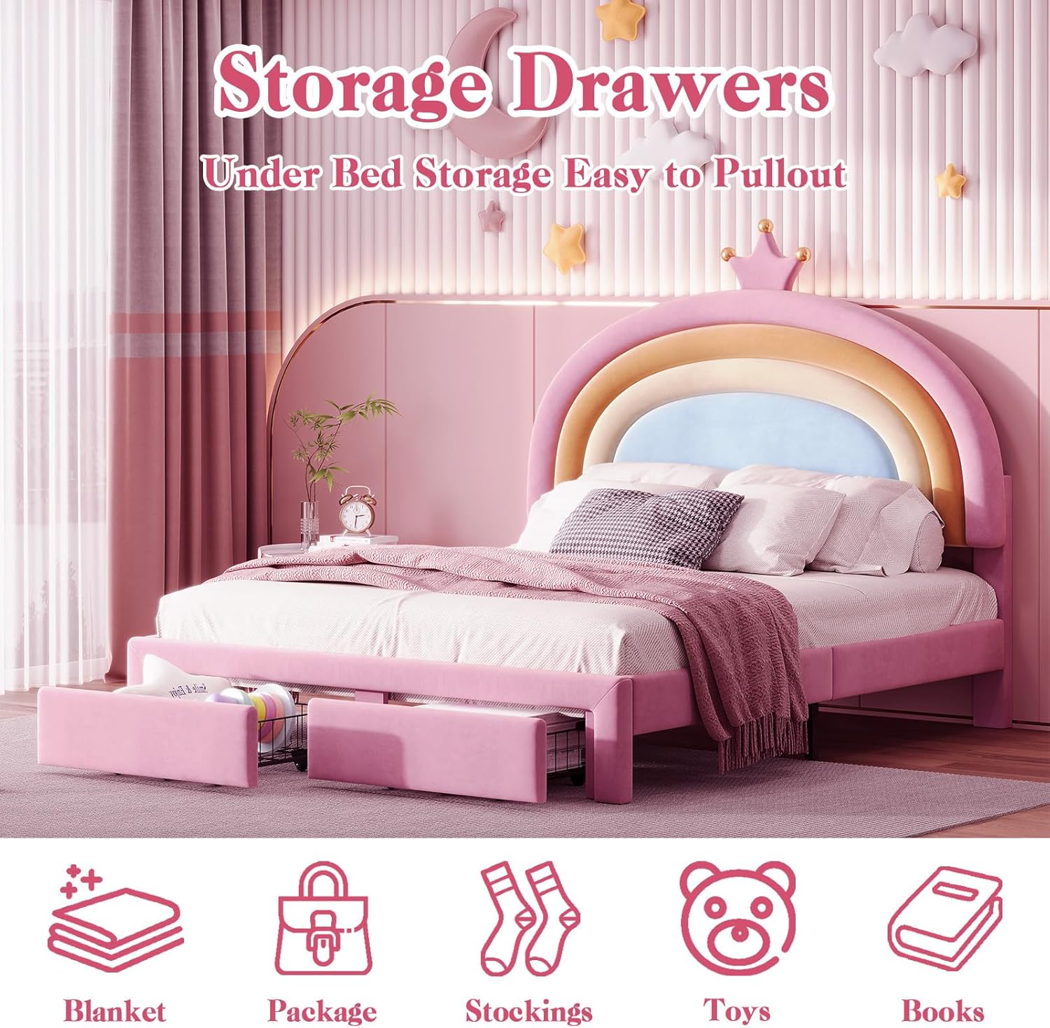 Pink Full Princess Bed Frame for Girls - Upholstered Platform Bed with Storage Drawers, Colorful Crown Headboard & Royal Decor, Kids Room Furniture (Full)