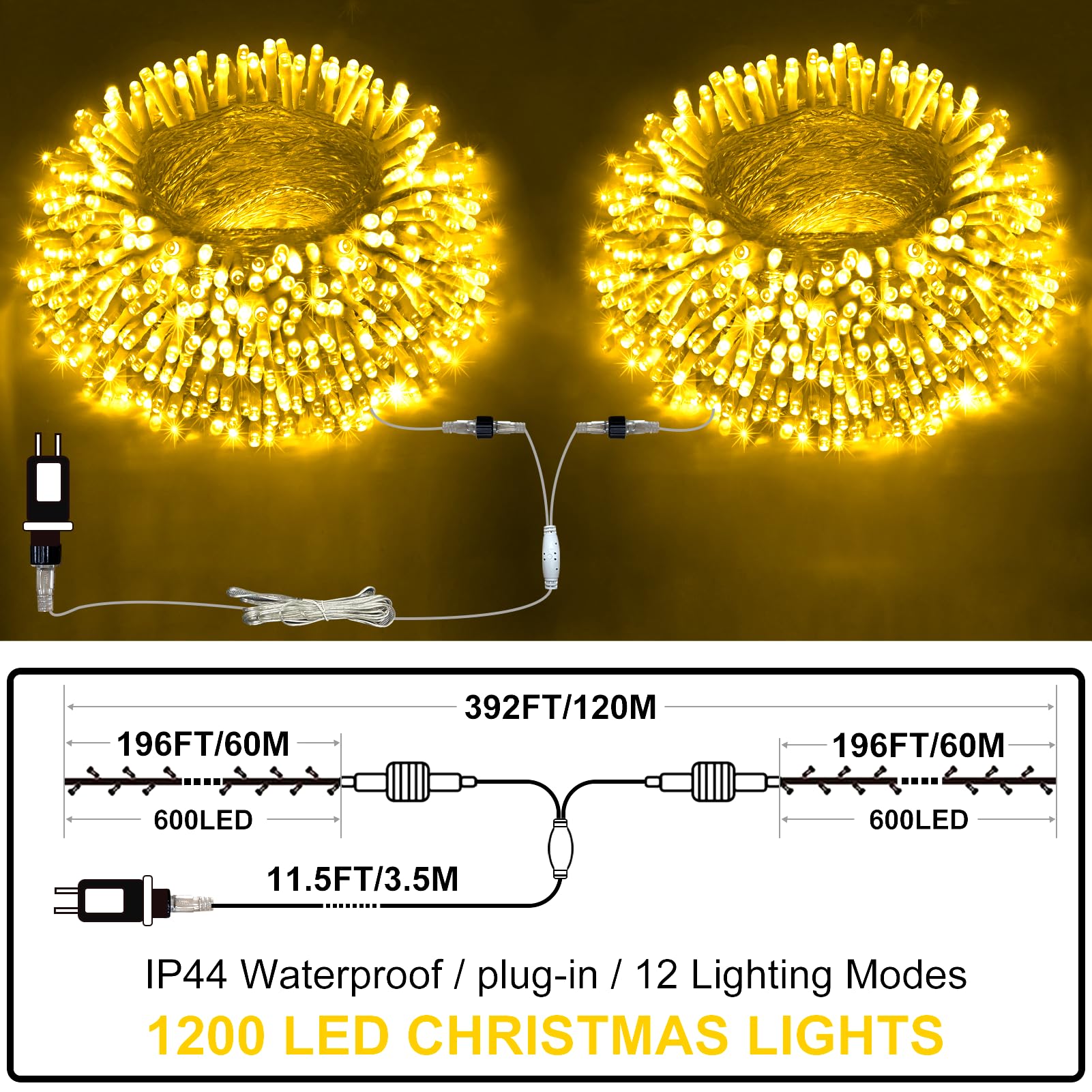 FLVOECN Guirnalda de luces para exteriores impermeables, cadena de luces enchufables con temporizador de 8 modos, 410 pies, 1200 luces LED parpadeantes, decoración para exteriores e interiores para