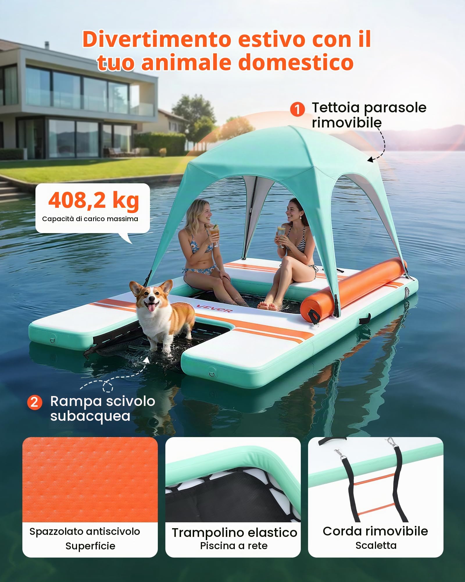 VEVOR Pontile Galleggiante Gonfiabile con Tenda Parasole 3,05 x 1,83 m da Mare Piscina, Piattaforma Galleggiante con Superficie Antiscivolo, Rampa per Cani, Isola d'Acqua per Piscina Spiaggia Mare