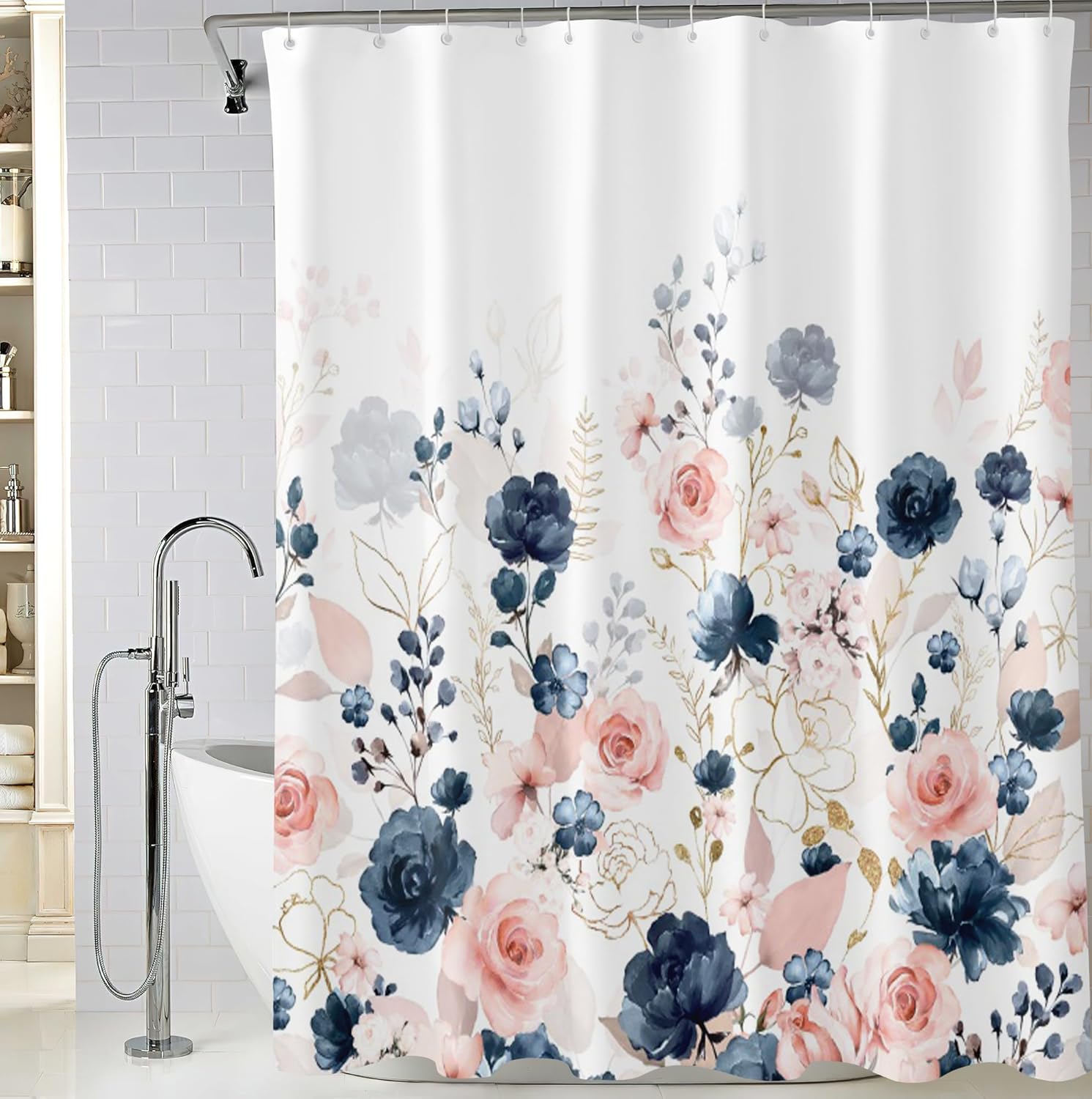 Amazon.com: BIVINAR Navy Blue and Pink Floral Shower Curtain ...