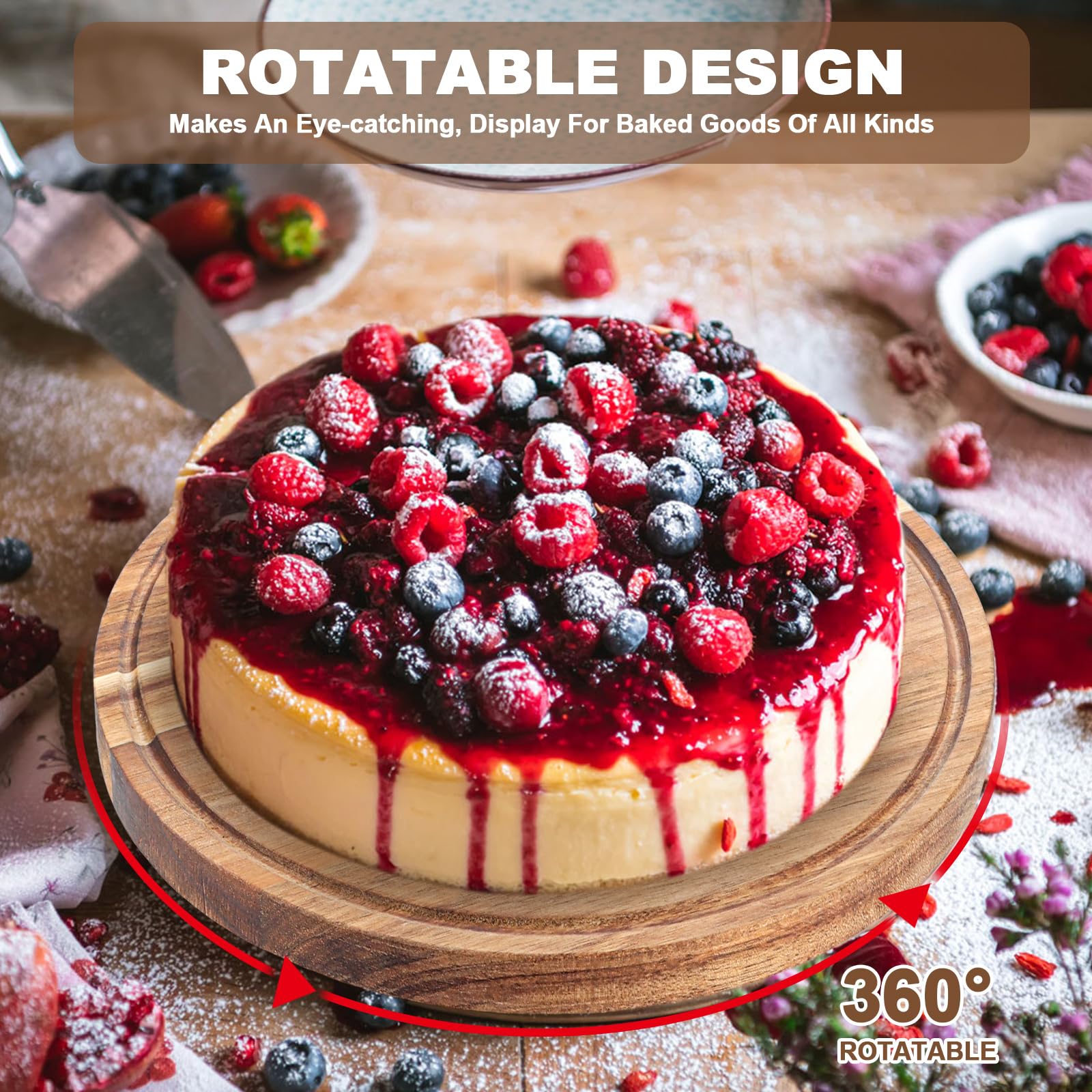 Plato Giratorio para Tartas de Madera de Acacia 29,5 cm con Tapa Transparente, Soporte Tarta y Soporte para Tartas, Porta Postres para Fiestas y Mesa Dulce