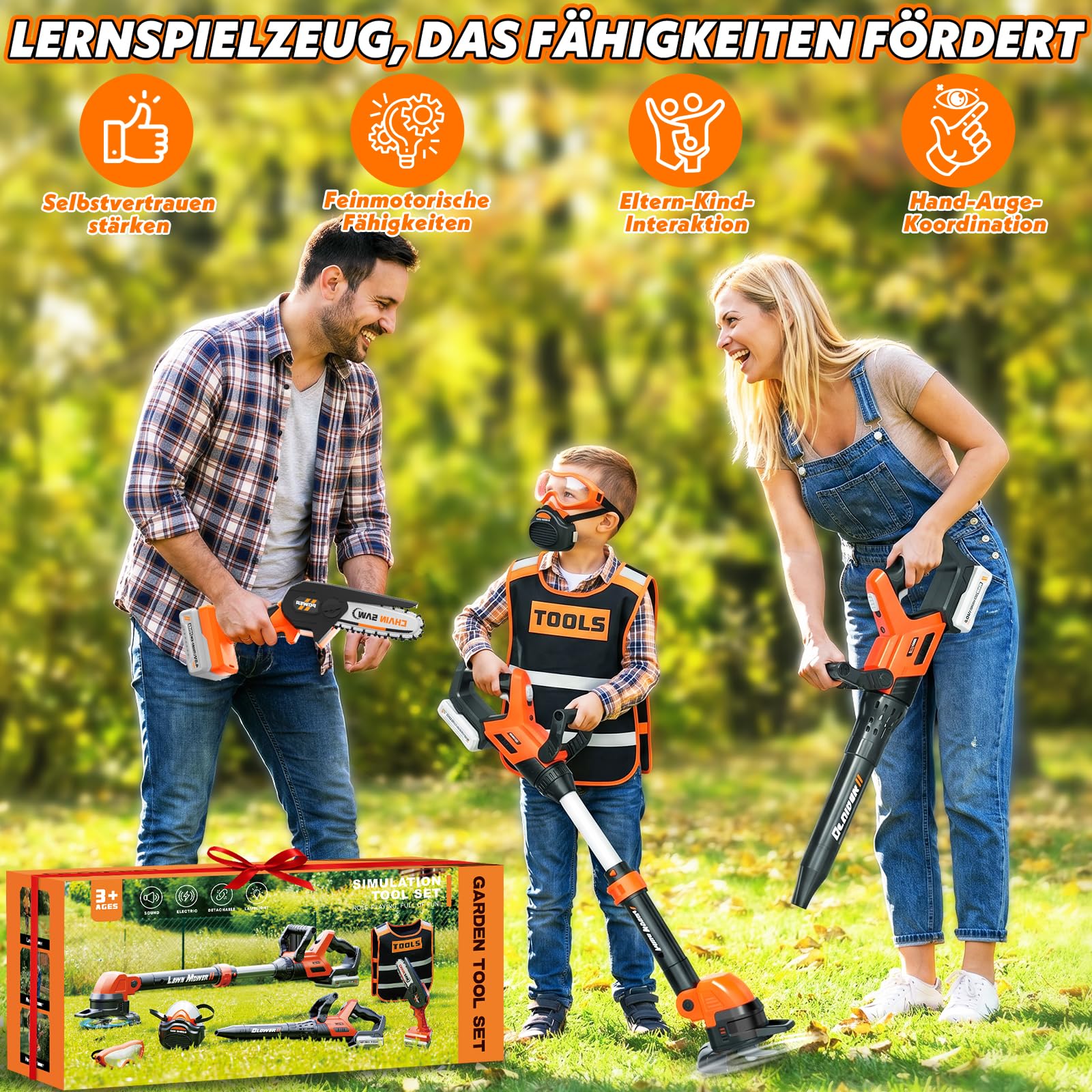 2 in 1 Werkzeug Kinder Spielzeug ab 3 Jahre, motorsäge Kinder, Kinder Rasenmäher & Laubbläser mit Geräusch, Gartenspielzeug Kinder Outdoor Spiele Geschenk 3-9 Jahre Junge