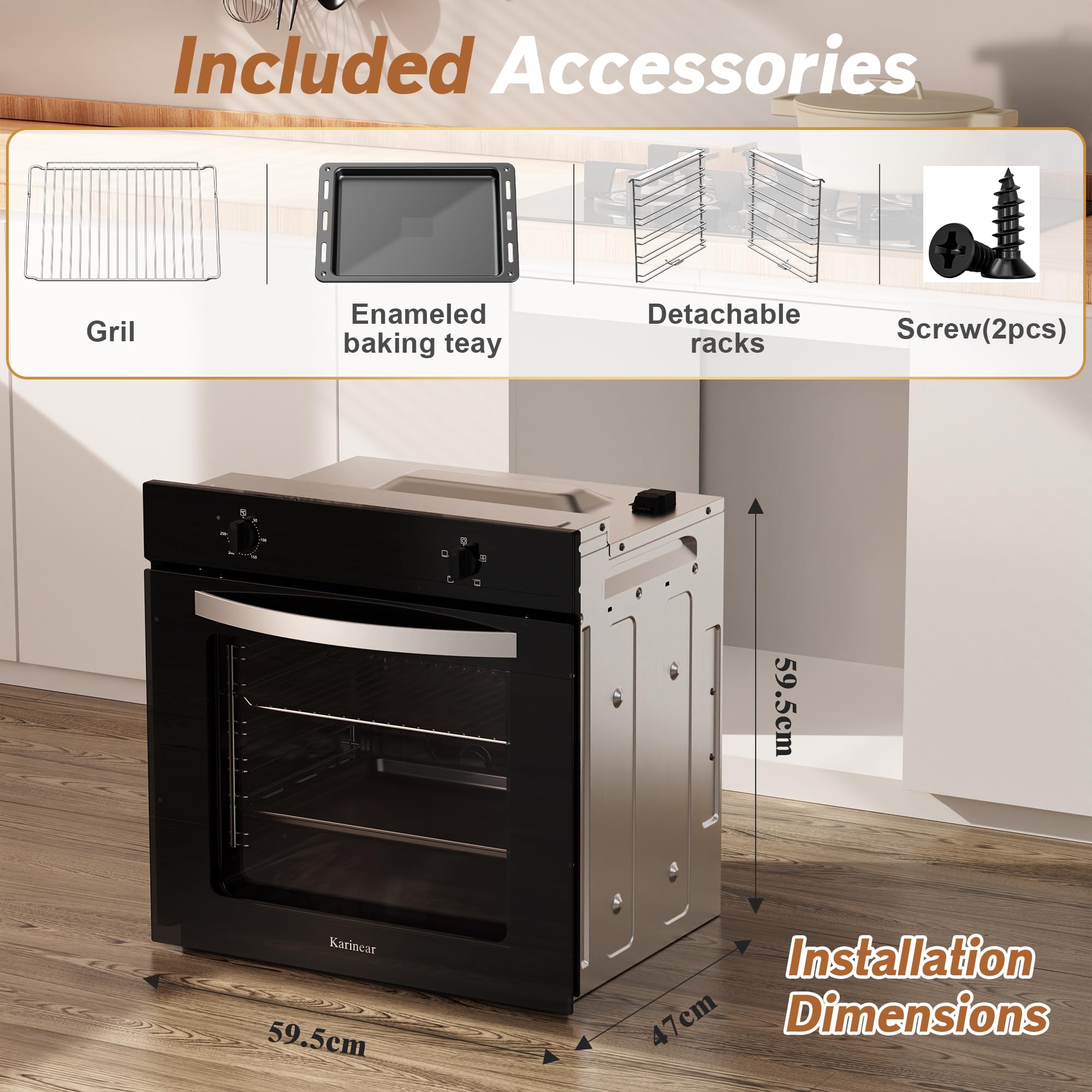Karinear Electric Oven 65L Built in Knob Control 5 Functions 2000W Plug and Play 220V 60cm Wide Black — view 8