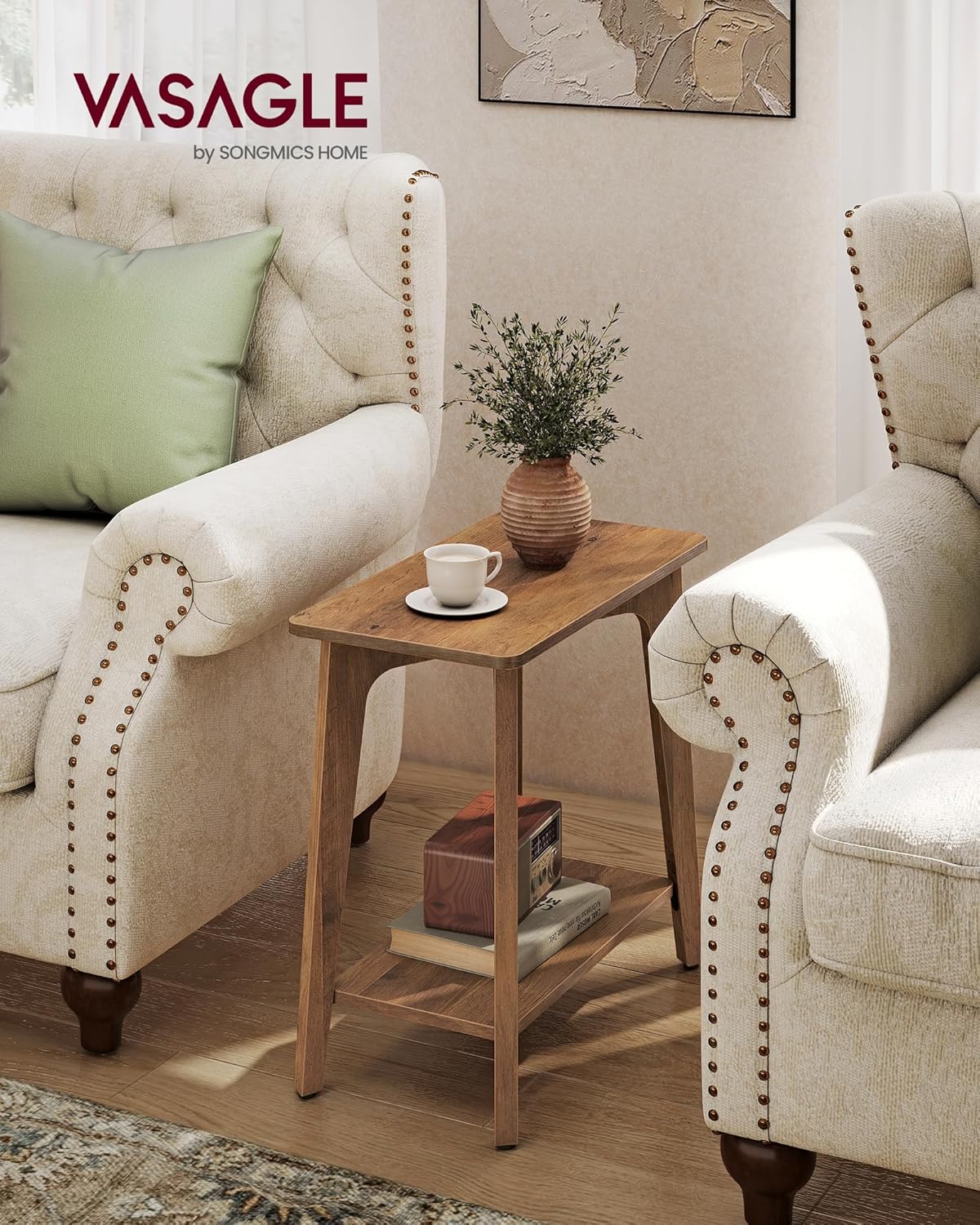 VASAGLE MAEZO Collection - Side Table, 2-Tier Small Rectangular End Table, 11.8 x 18.9 x 21.8 Inches, Nightstand with Tapered Legs, Curved Transitions, for Small Spaces, Honey Brown ULET332K01