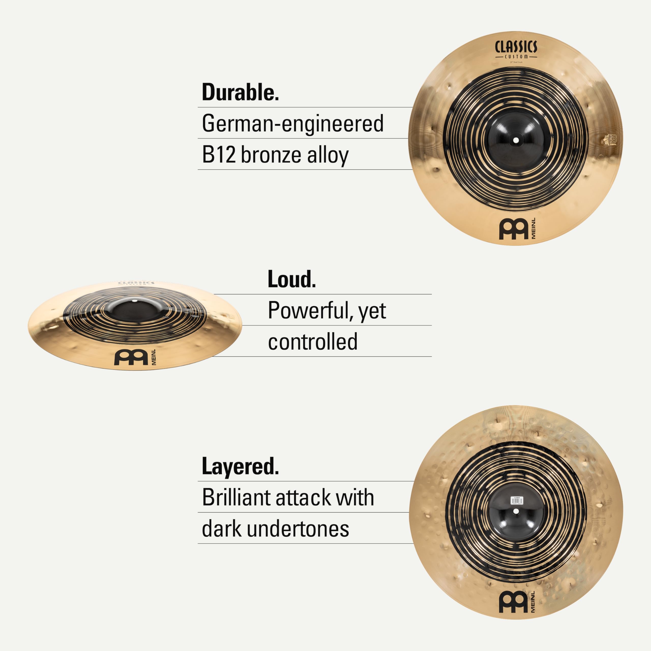 Meinl Cymbals Classics Custom Dual Cymbale Crash 20 pouces (Vidéo) pour Batterie (50,80cm) Bronze B12, Deux Finitions - Fabriquée en Allemagne (CC20DUC)